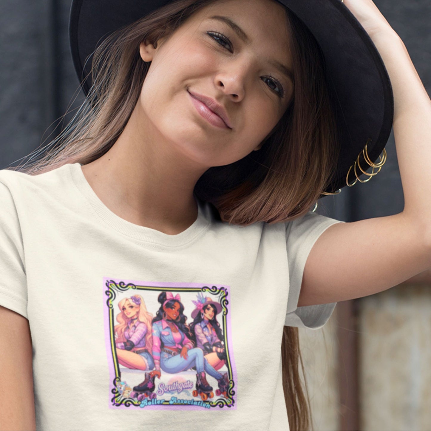 Model wearing a natural, cream colored shirt with the debut album cover from power pop girl group Southgate Roller Association