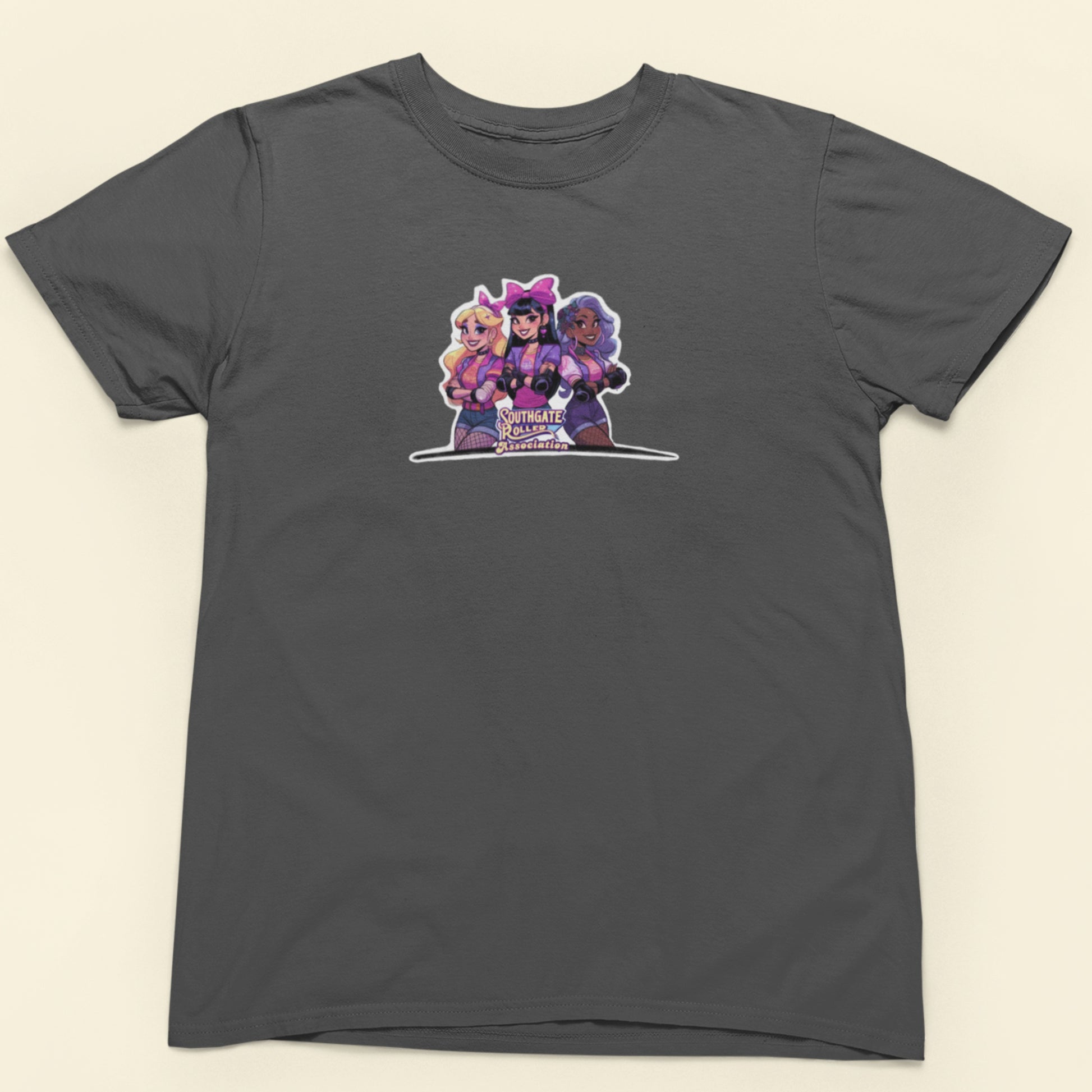 Asphalt grey shirt with a die cut sticker style graphic of famous power pop group, Southgate Roller Association