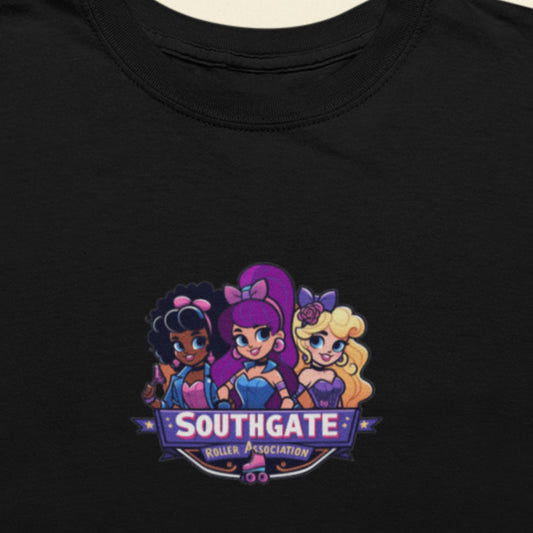 black shirt with a group photo of cartoon character super group Southgate Roller Association