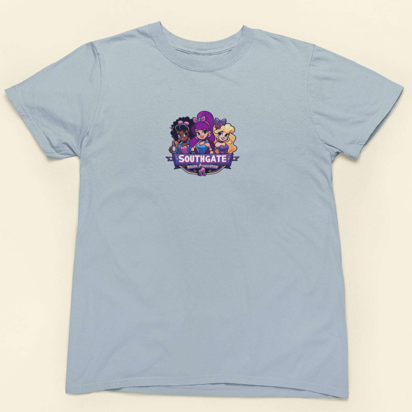 Light blue shirt with a group photo of cartoon character super group Southgate Roller Association