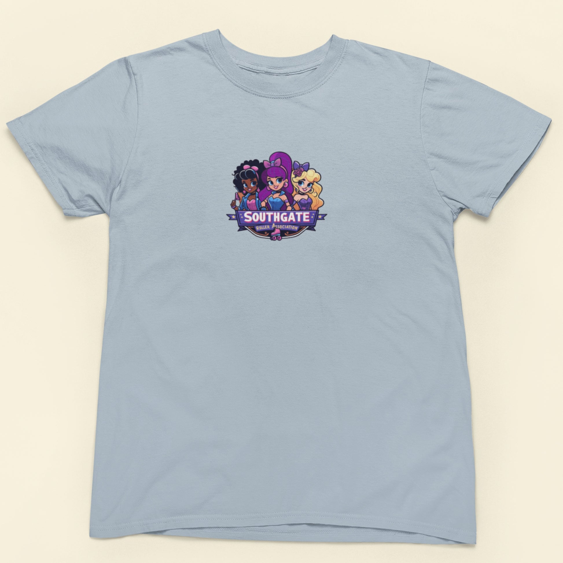 Light blue shirt with a group photo of cartoon character super group Southgate Roller Association