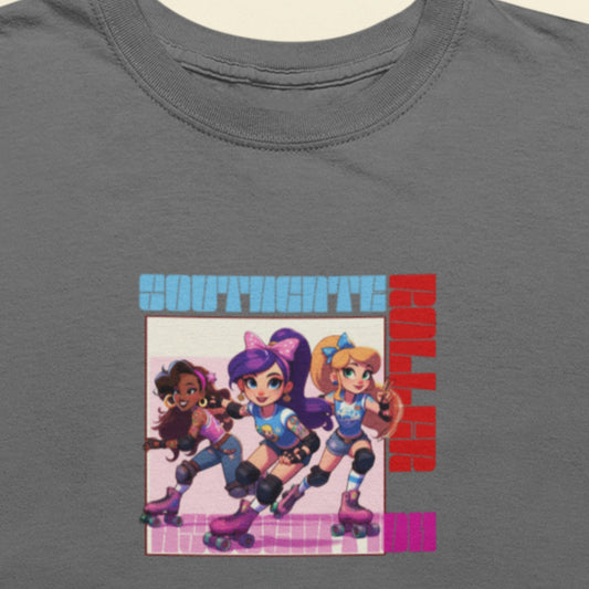 asphalt grey shirt with a colorful graphic of cartoon musical heroes - southgate roller association