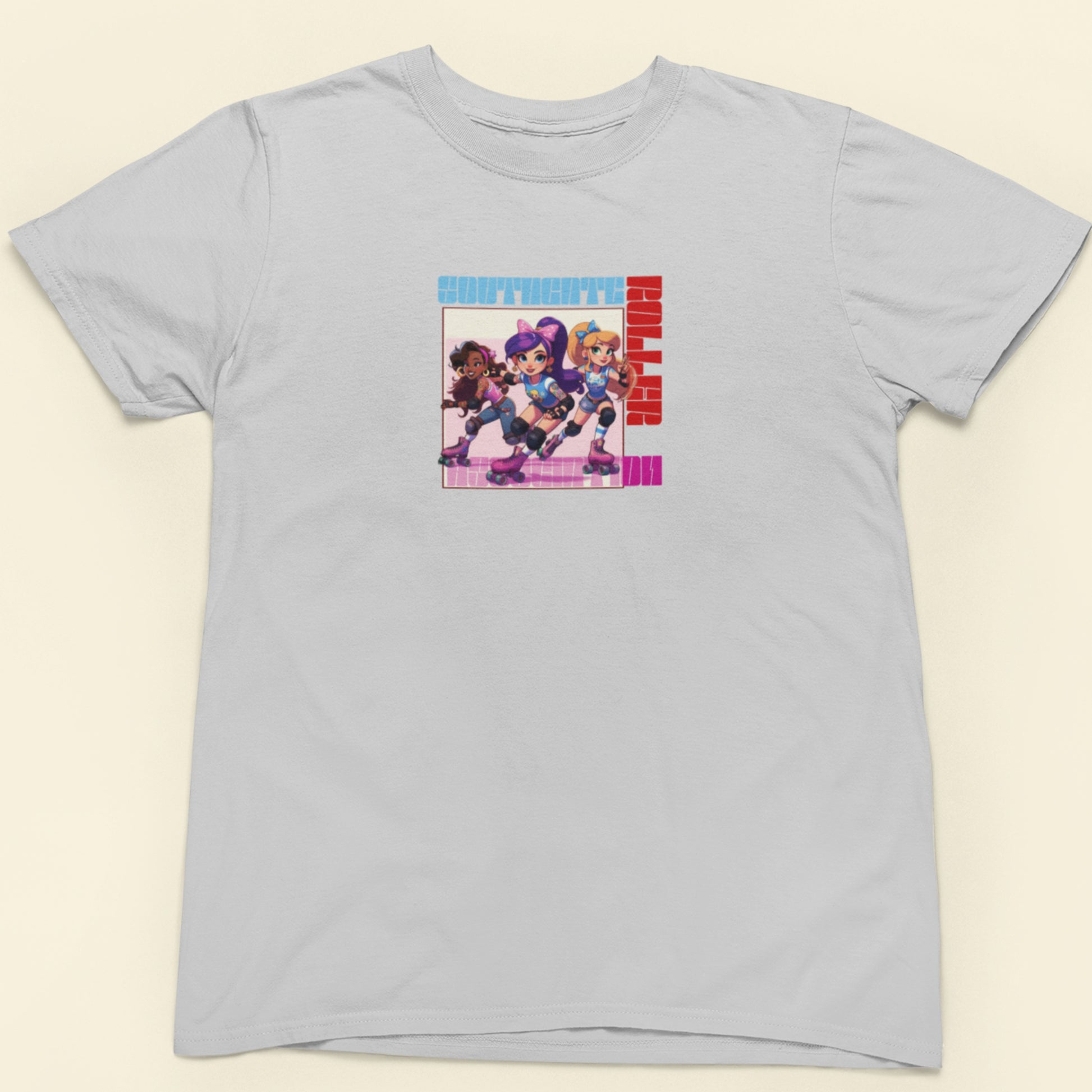 silver grey shirt with a colorful graphic of cartoon musical heroes - southgate roller association