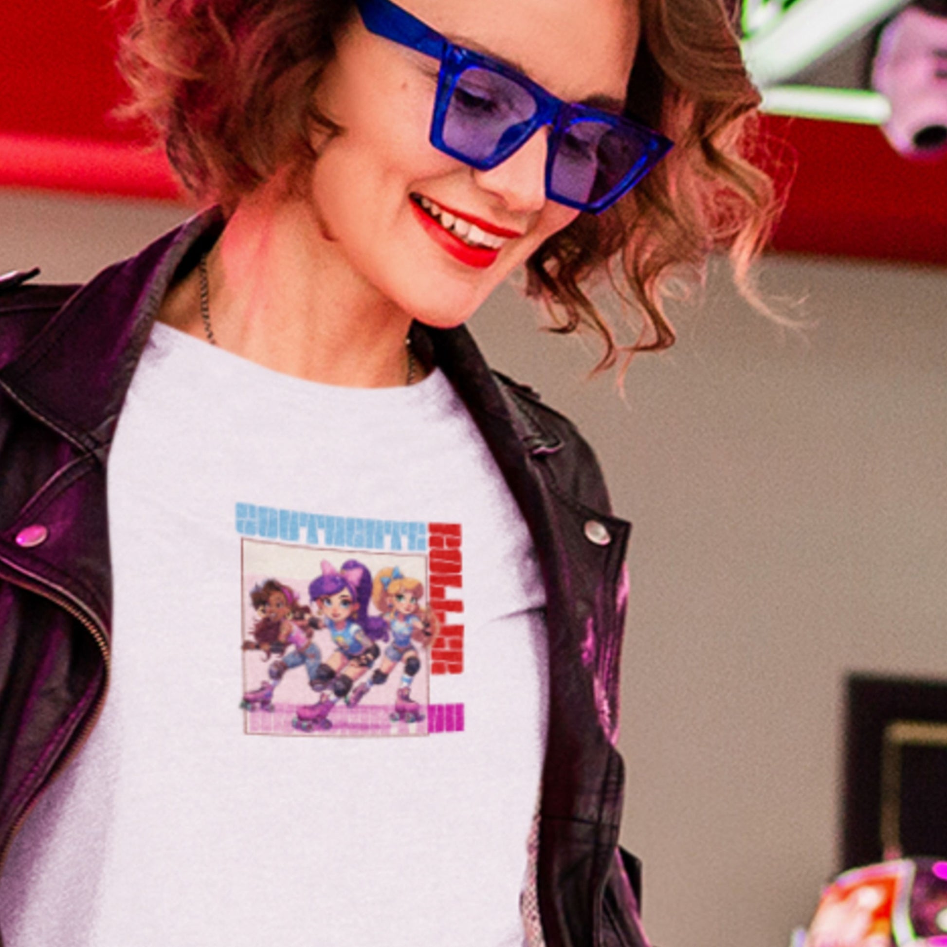 some lady wearing a white shirt with a colorful graphic of cartoon musical heroes - southgate roller association