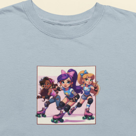 Light Blue shirt with a drawing of the cartoon character super group Southgate Roller Association.