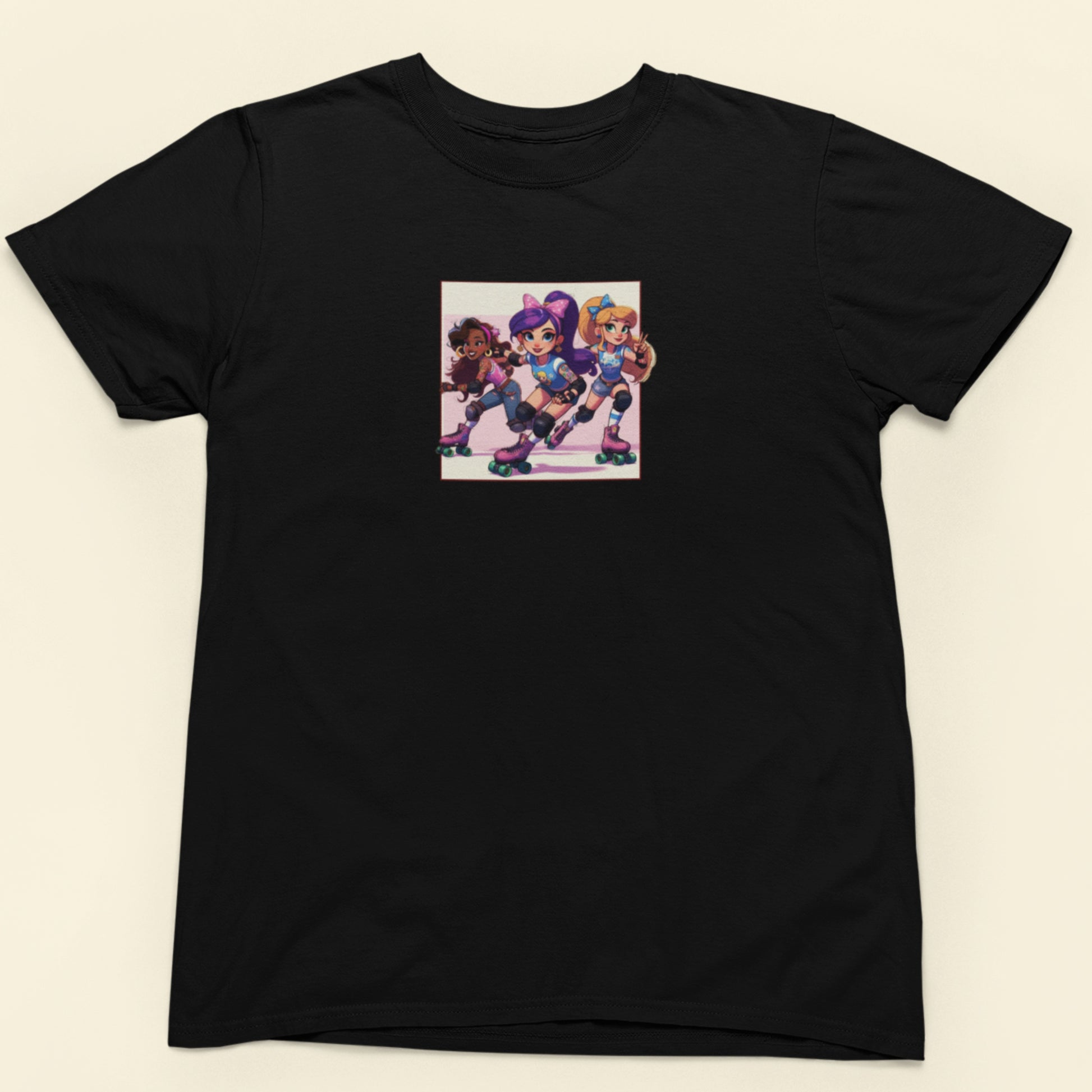 Black shirt with a drawing of the cartoon character super group Southgate Roller Association