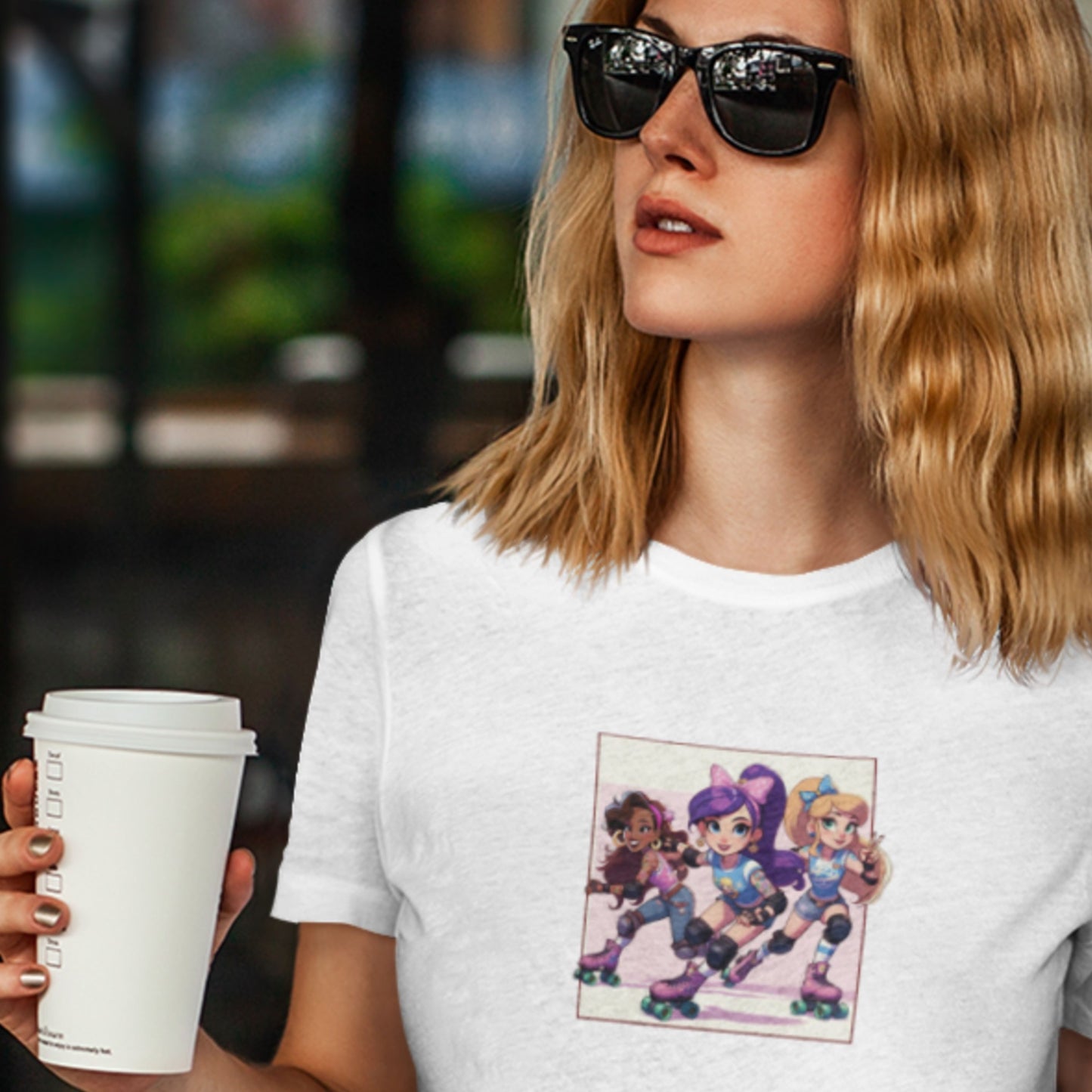 Model wearing a white shirt with a drawing of the cartoon character super group Southgate Roller Association
