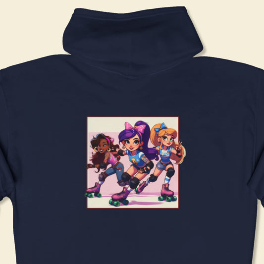 Navy blue hoodie, back view, featuring a graphic of three cartoon roller skaters on a beige background.