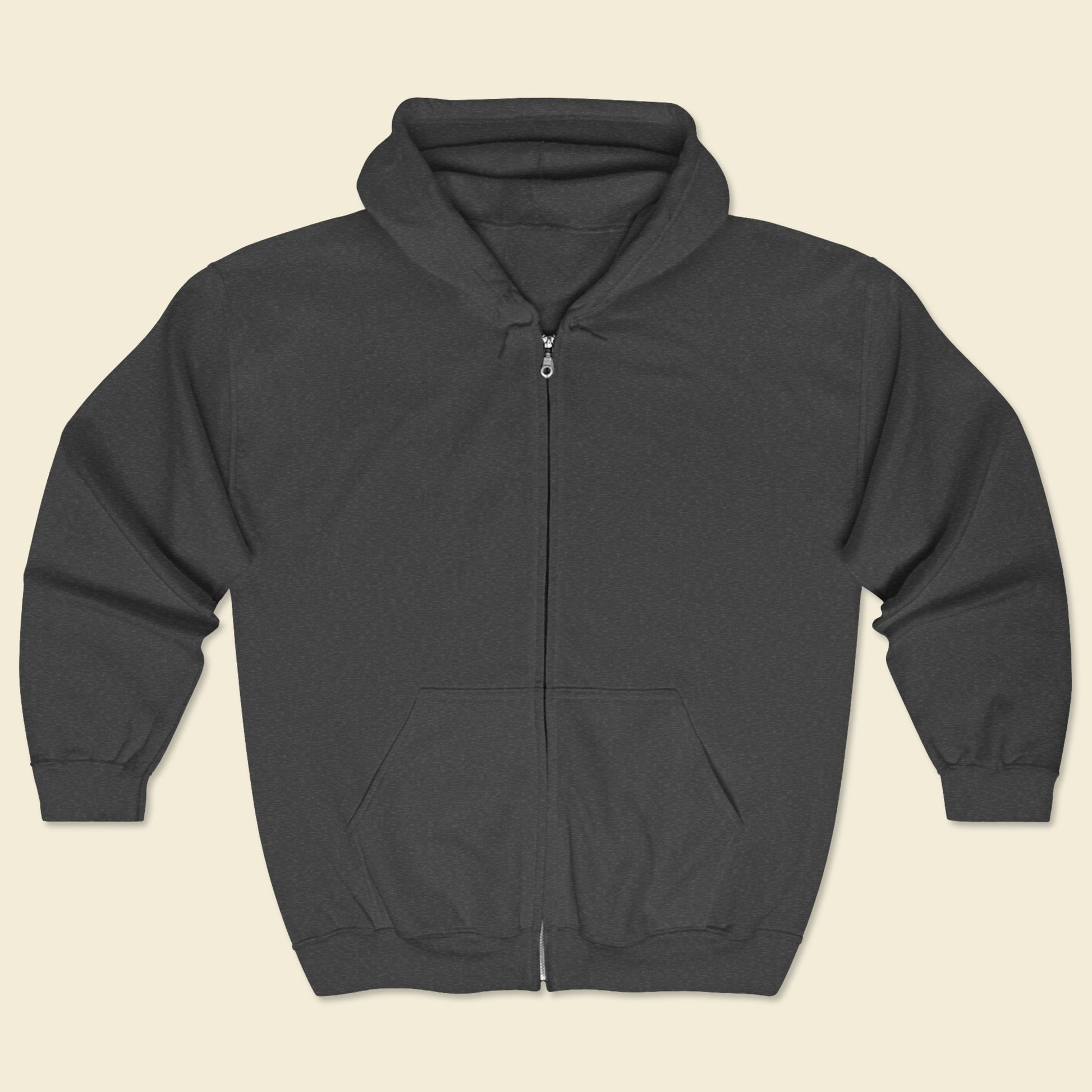 Dark gray hoodie with a zipper on a beige background.