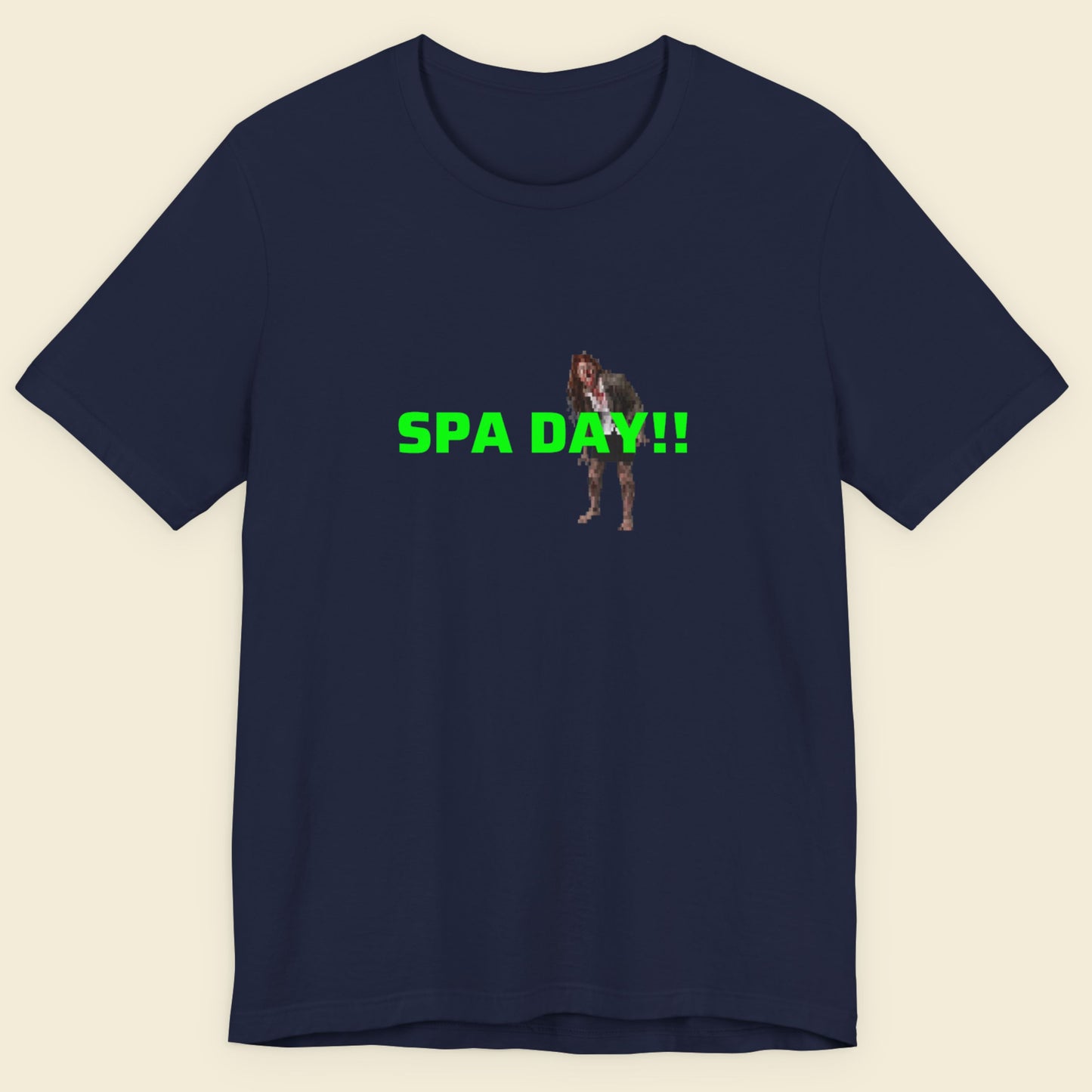 Navy blue t-shirt with 'SPA DAY!!' text and graphic on a beige background.