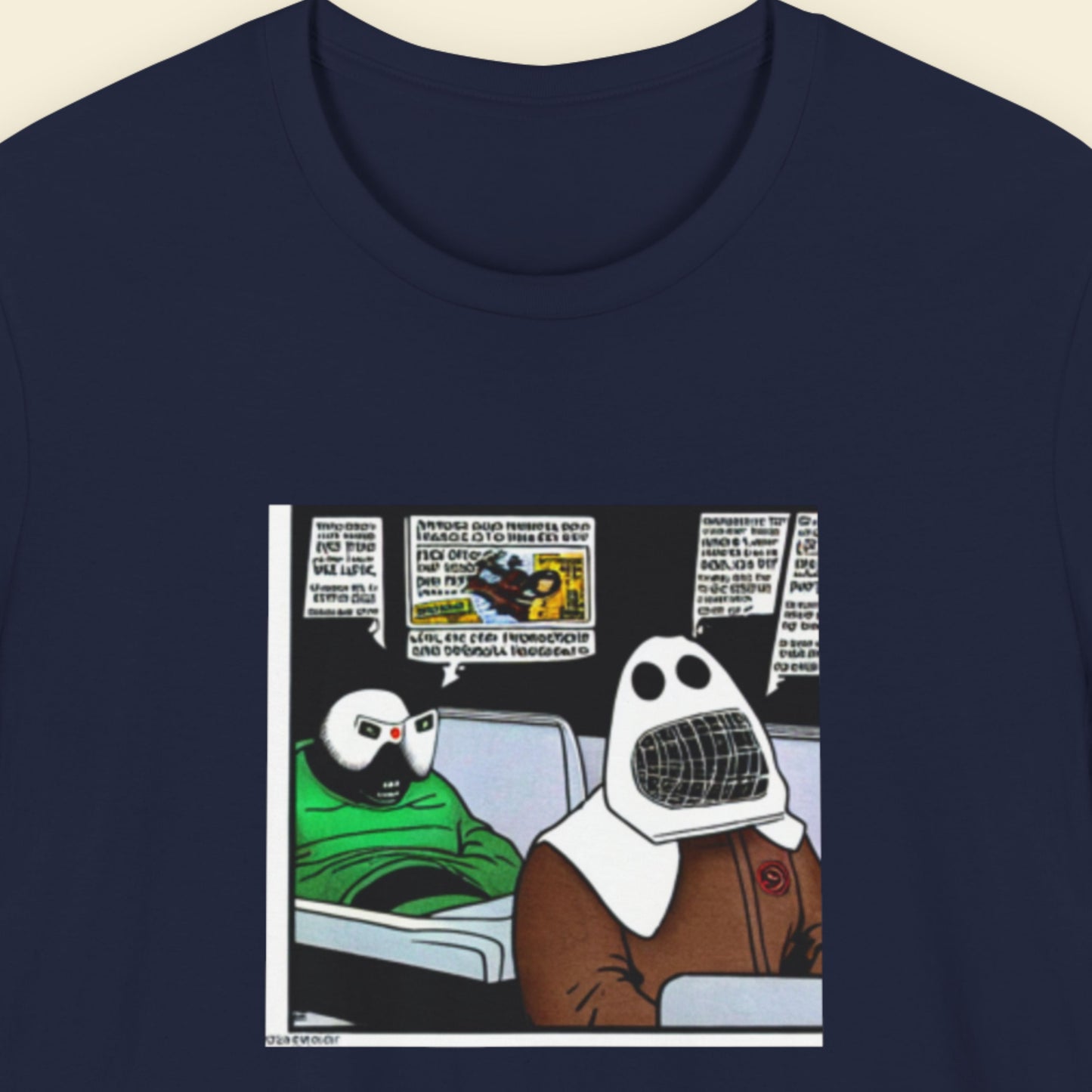 Navy blue t-shirt with a fun, colorful cartoon illustration on a beige background.