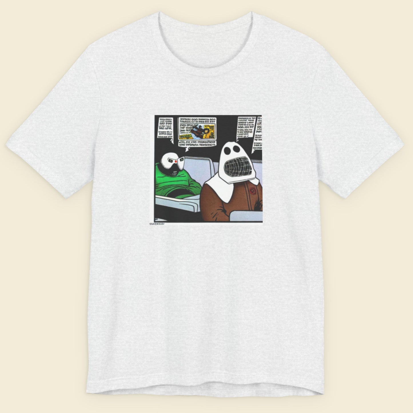 White t-shirt with a graphic of a cartoon character holding a newspaper on a beige background.