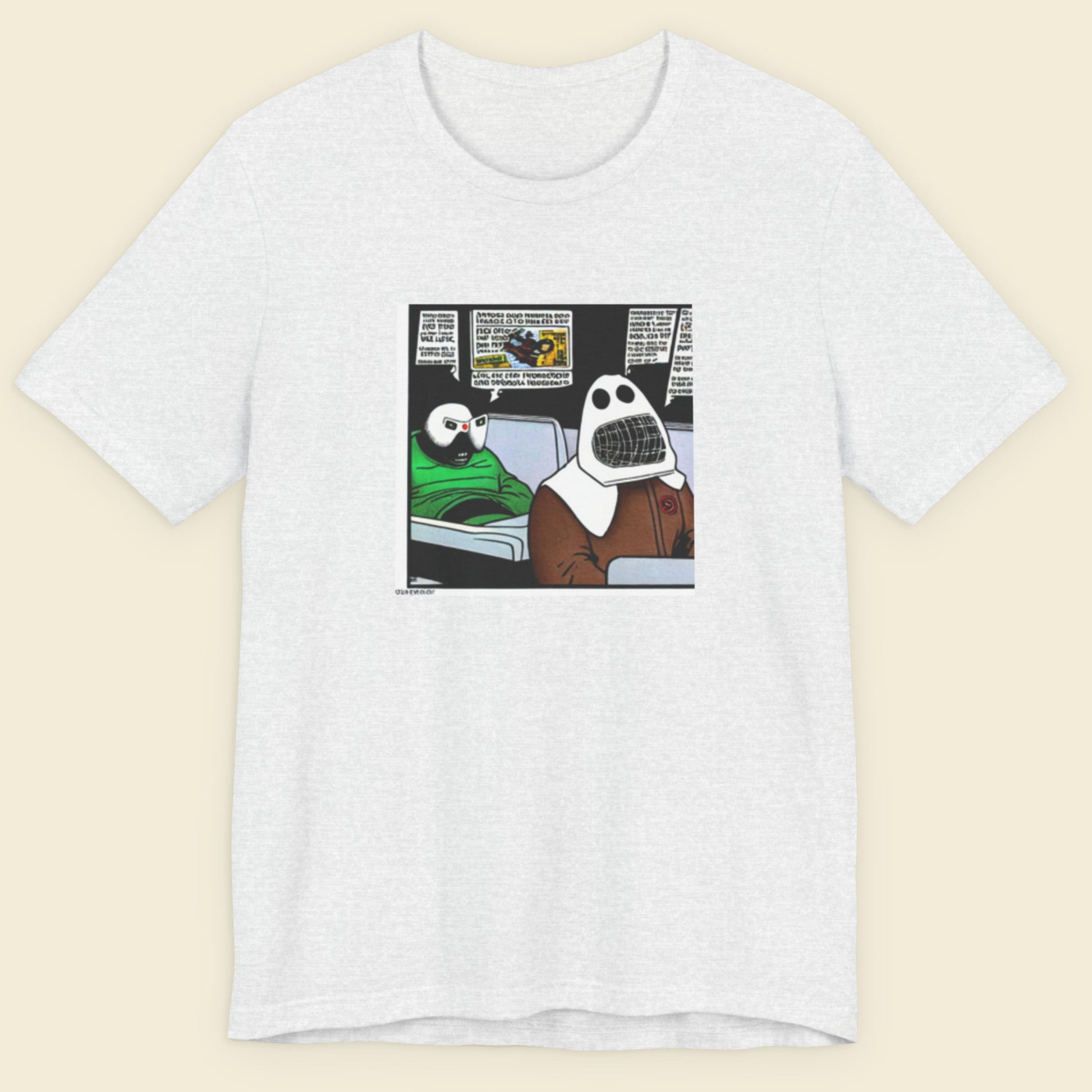 White t-shirt with a graphic of a cartoon character holding a newspaper on a beige background.