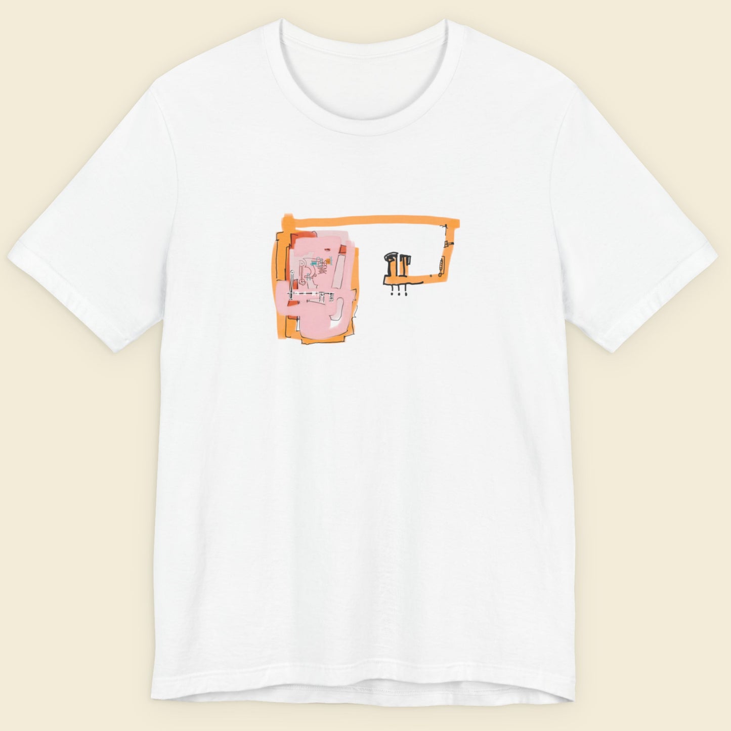 White t-shirt with a colorful abstract drawing on a beige background.