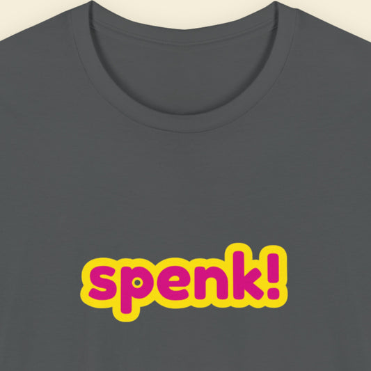 Grey t-shirt with multicolored 'spenk!' text on a beige background.