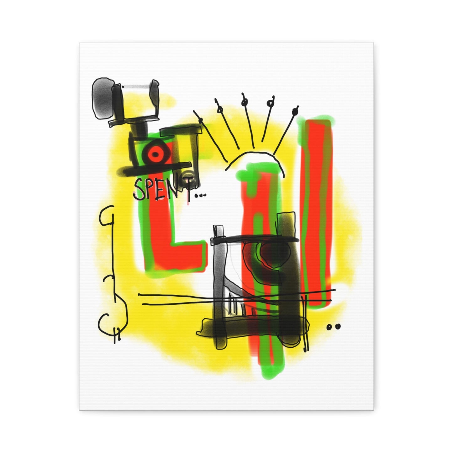 Abstract artwork with colorful text and shapes on a white background.