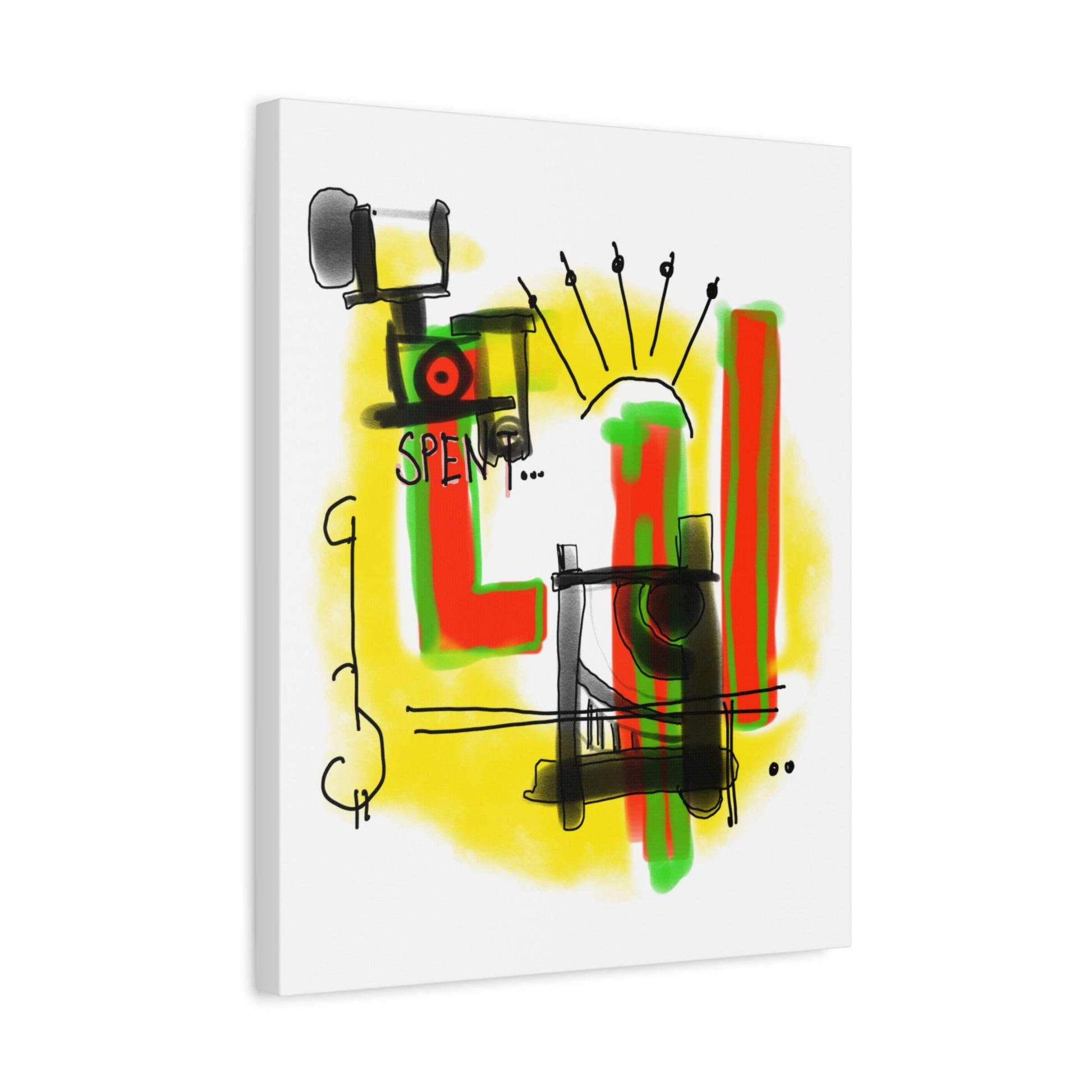 Angled view of an abstract artwork with colorful letters and shapes on a white background.