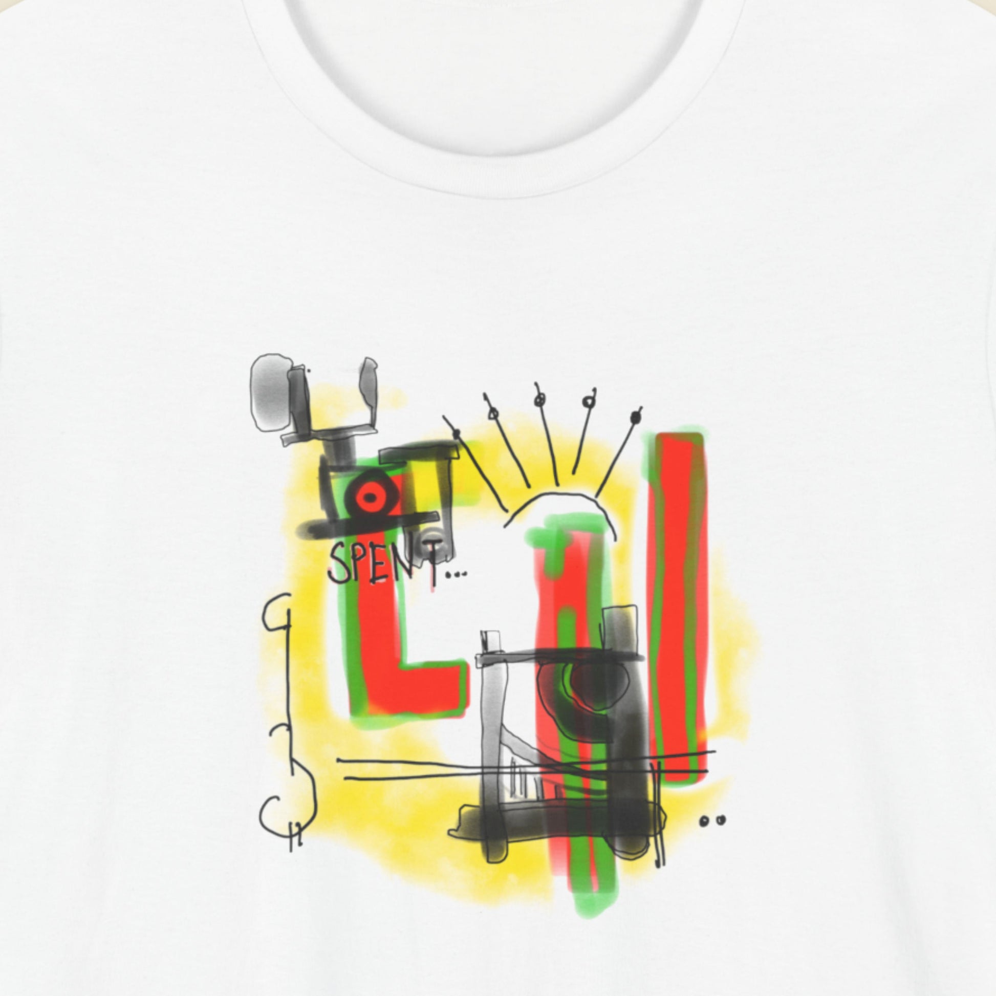 White t-shirt with a colorful abstract drawing on a beige background.