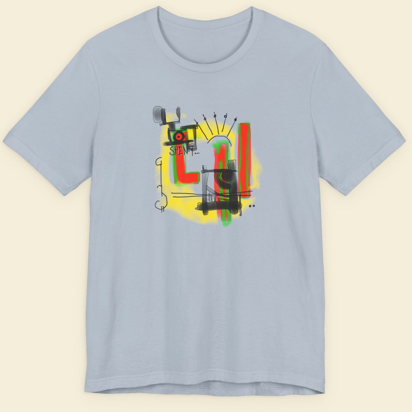 Light blue t-shirt with a colorful abstract drawing on a beige background.