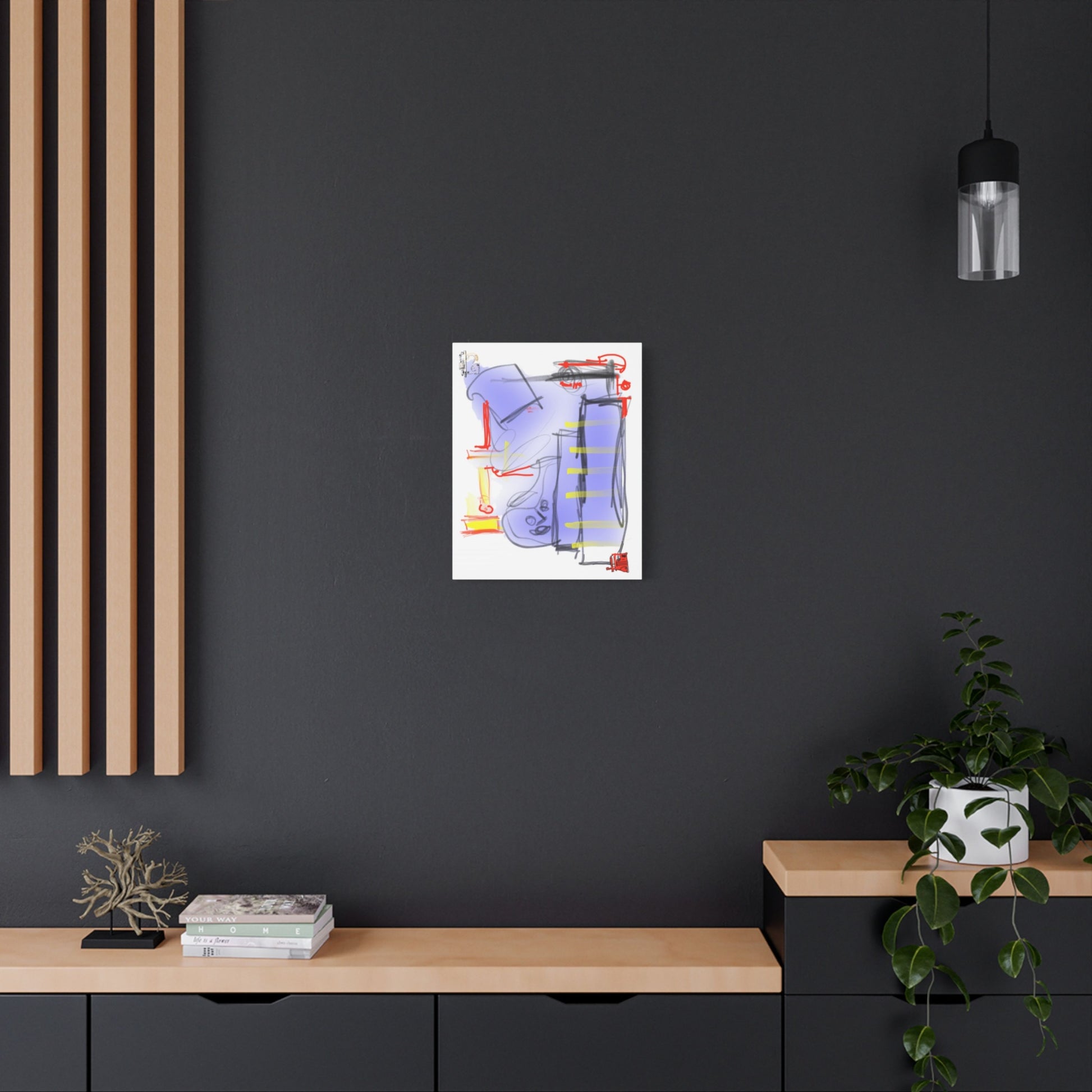 Abstract artwork on a black wall with wooden shelves and a plant.