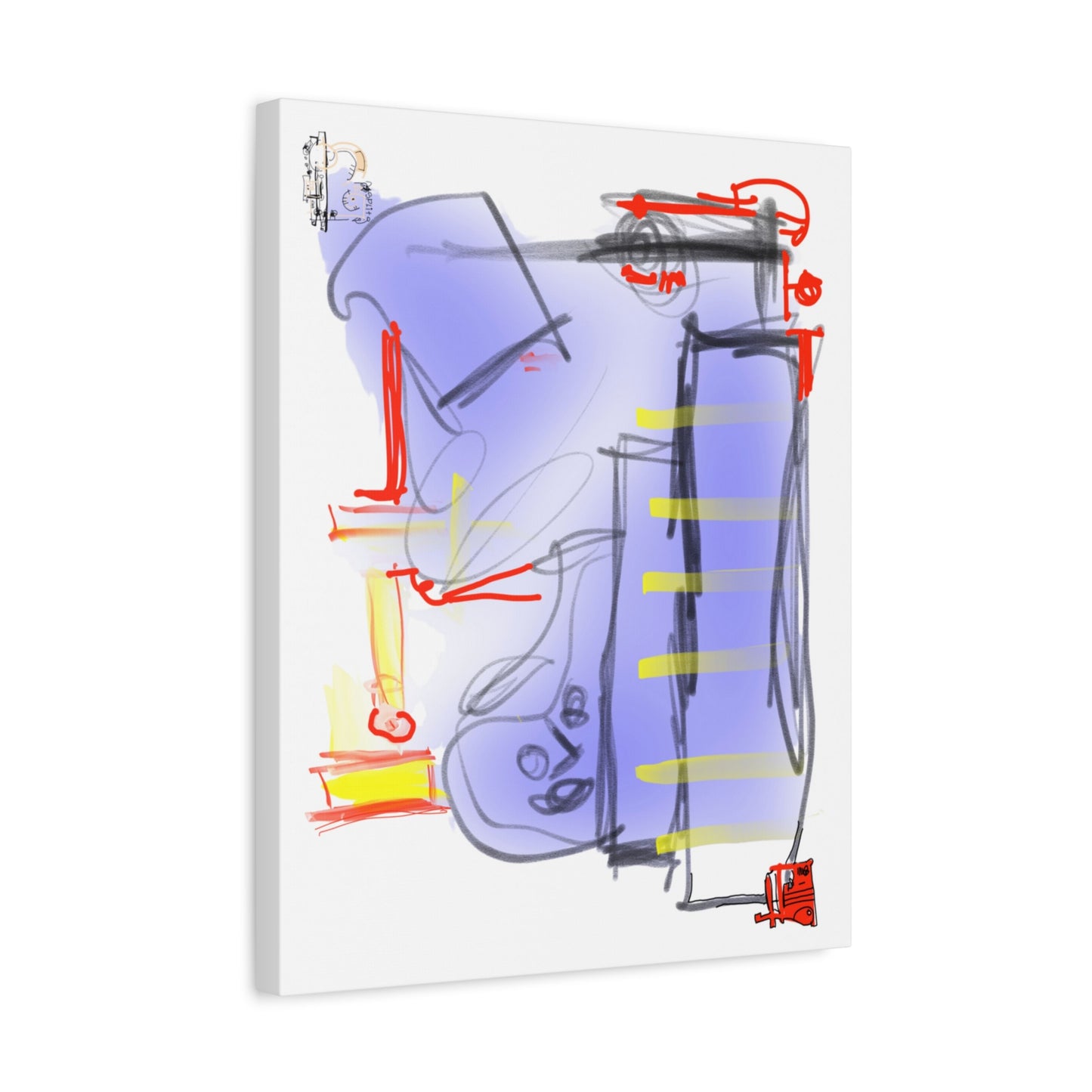 Angled view of an abstract artwork with geometric shapes and lines on a white background.