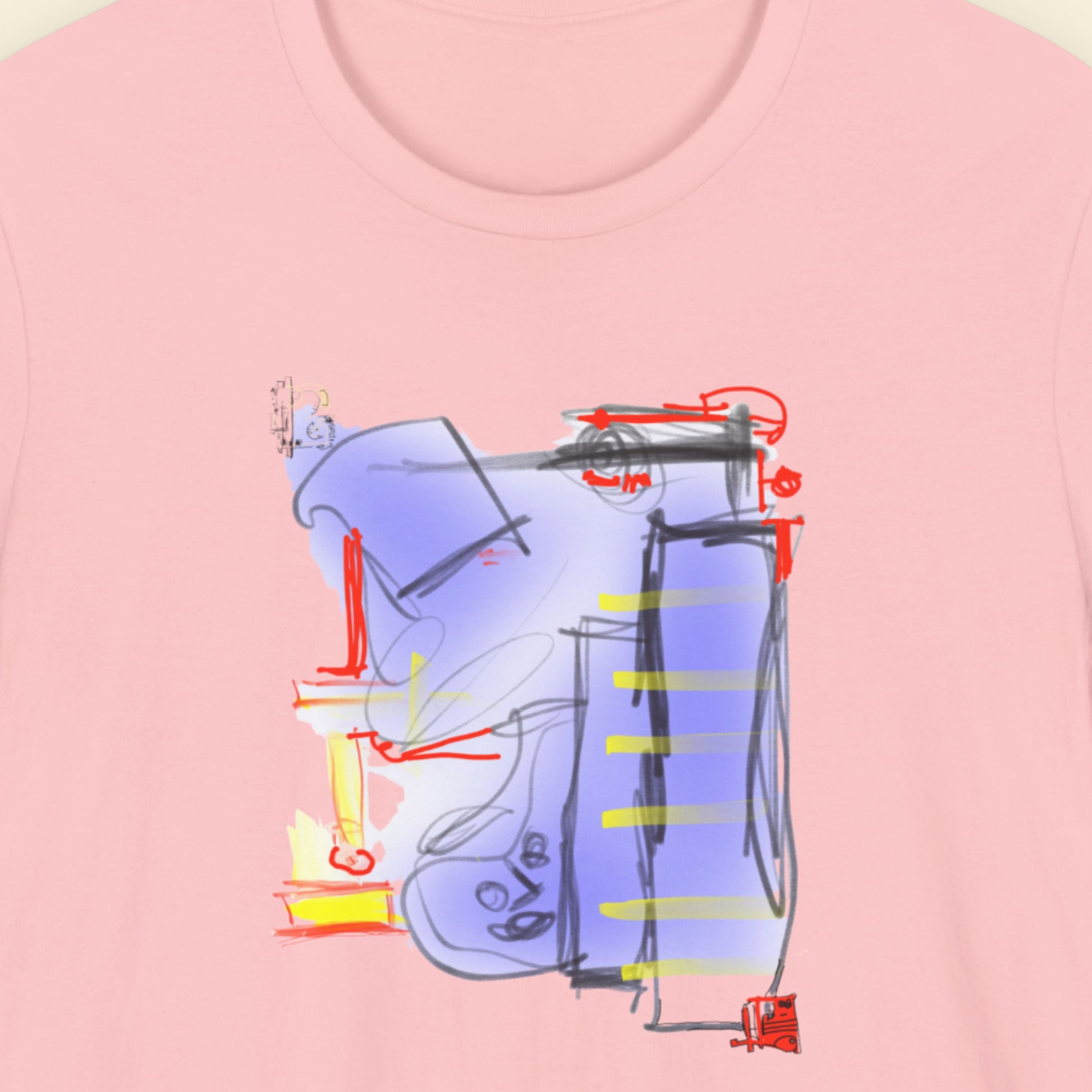 Pink t-shirt with a colorful abstract drawing on a beige background.