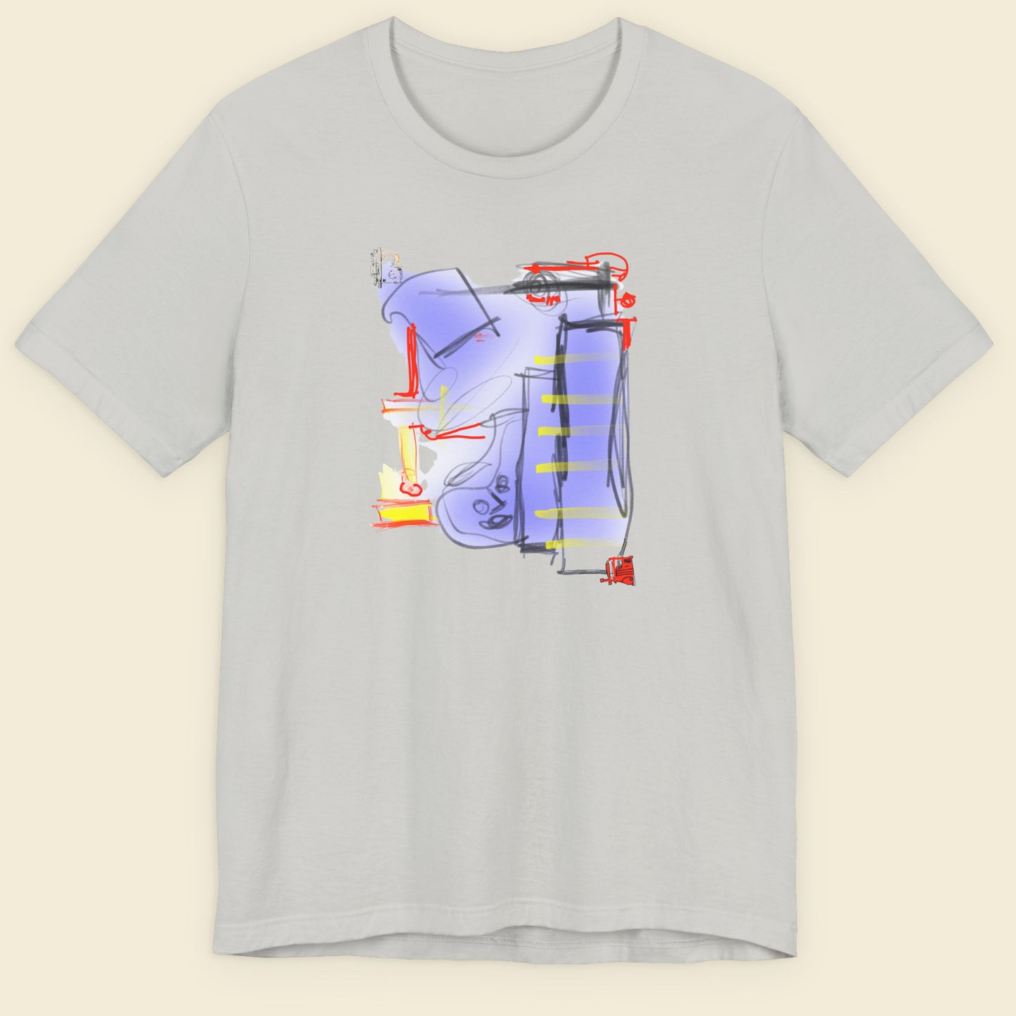 Grey t-shirt with a colorful abstract drawing on a beige background.