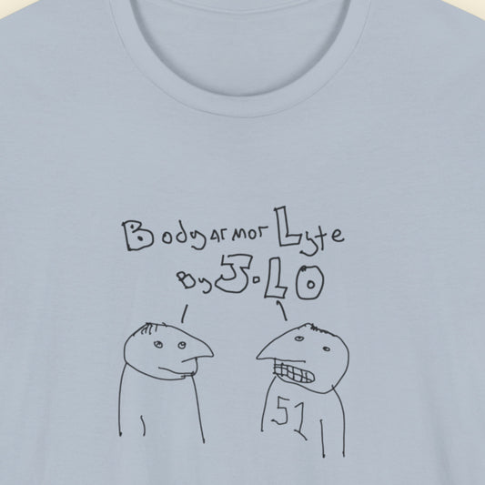 Light blue t-shirt with a line drawing on a beige background.