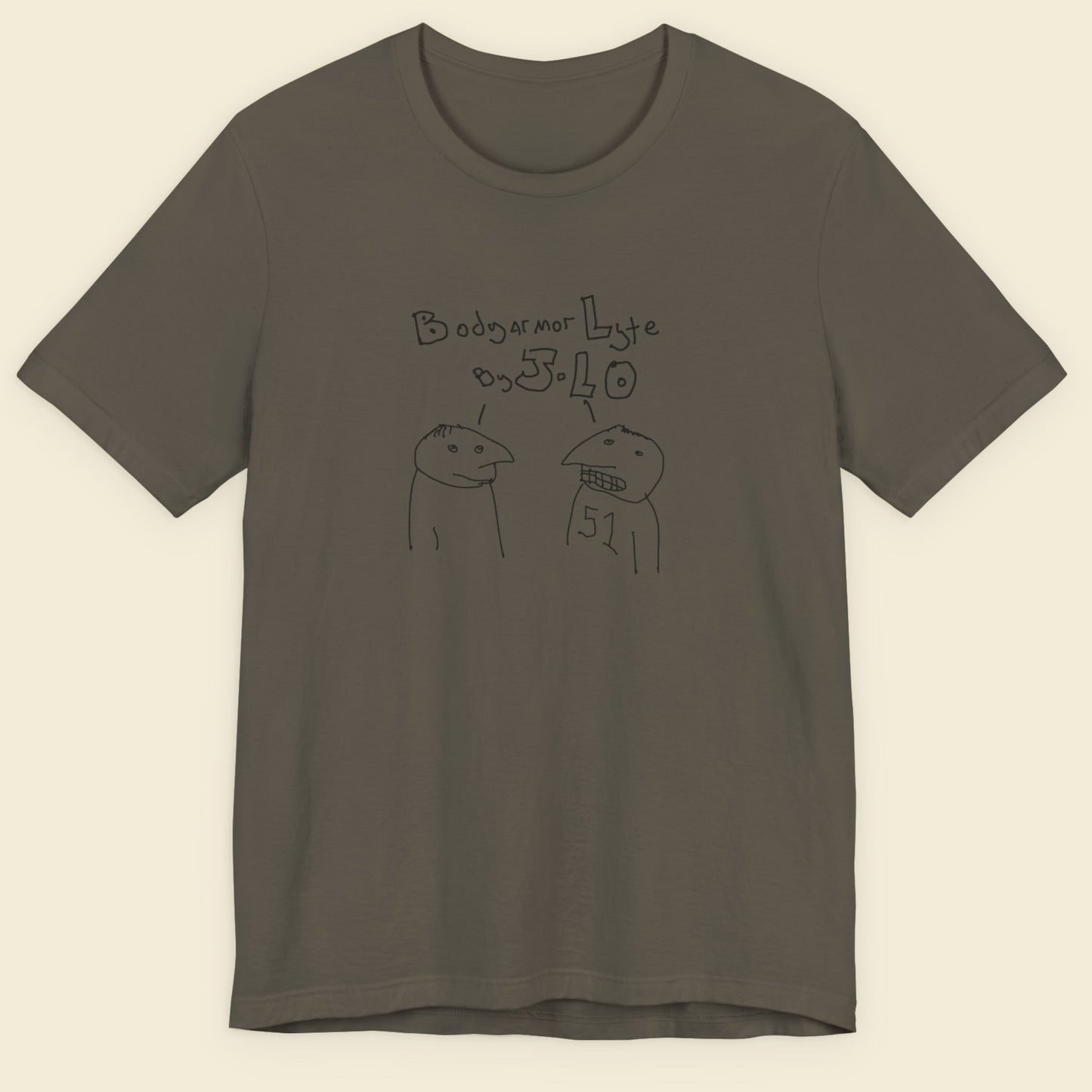 Army green t-shirt with a line drawing on a beige background.