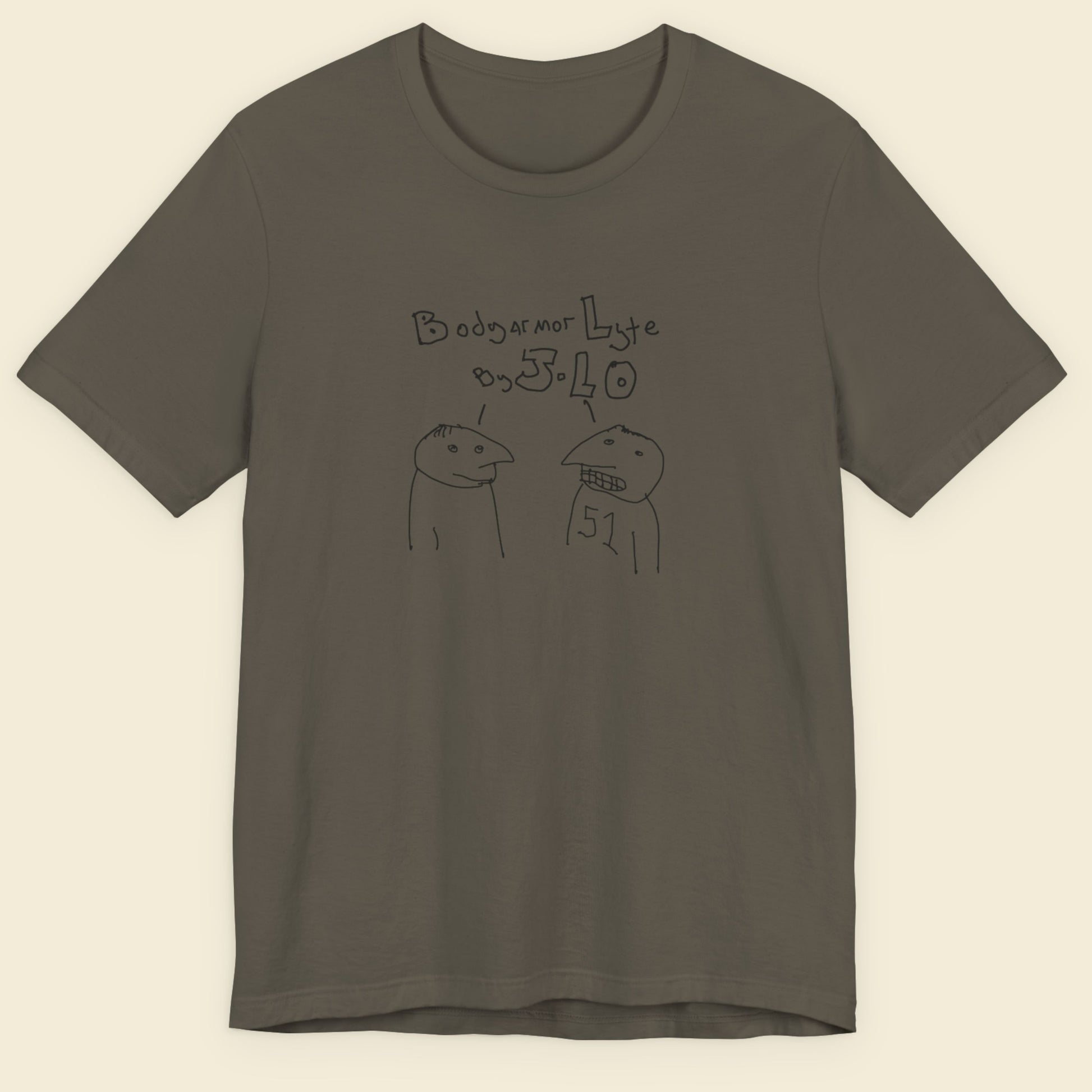 Army green t-shirt with a line drawing on a beige background.
