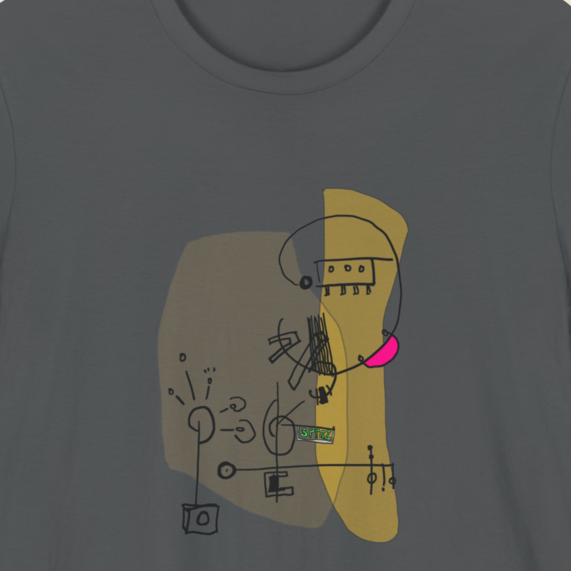 Dark grey tee with a colorful abstract drawing on a beige background.