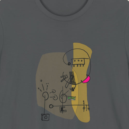 Dark grey tee with a colorful abstract drawing on a beige background.