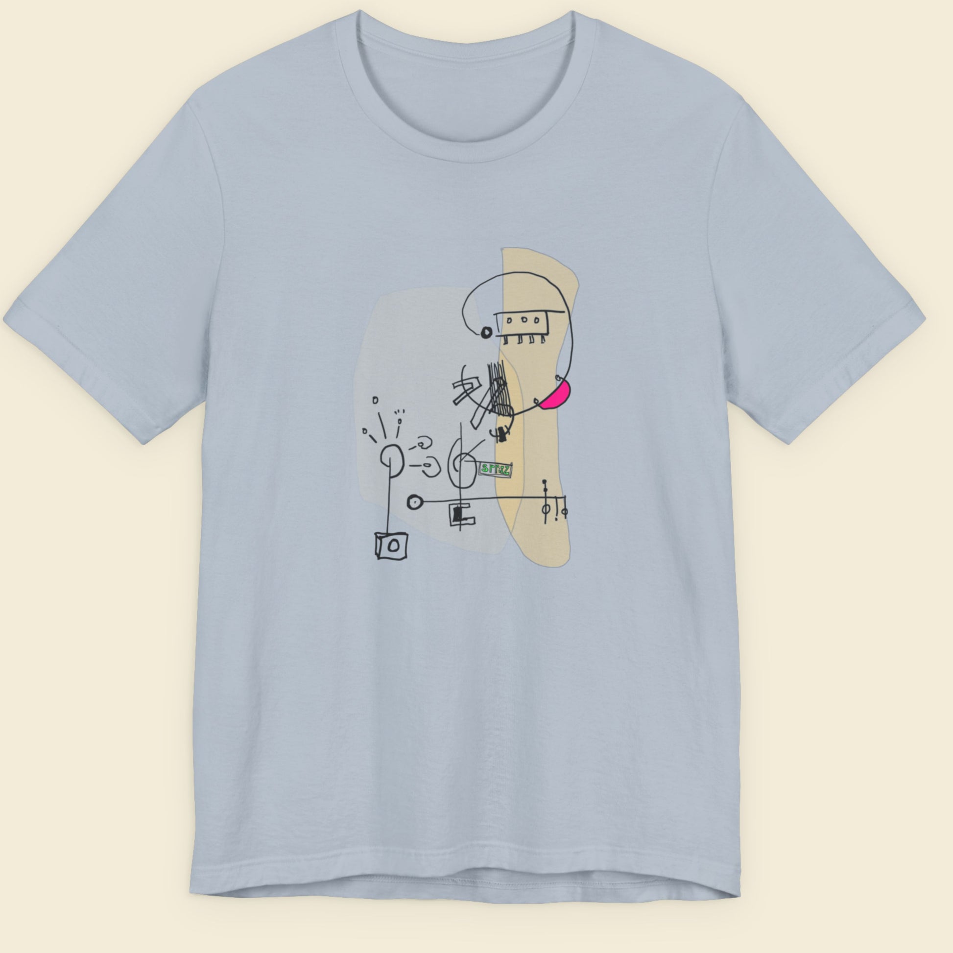 Light blue tee with a colorful abstract drawing on a beige background.