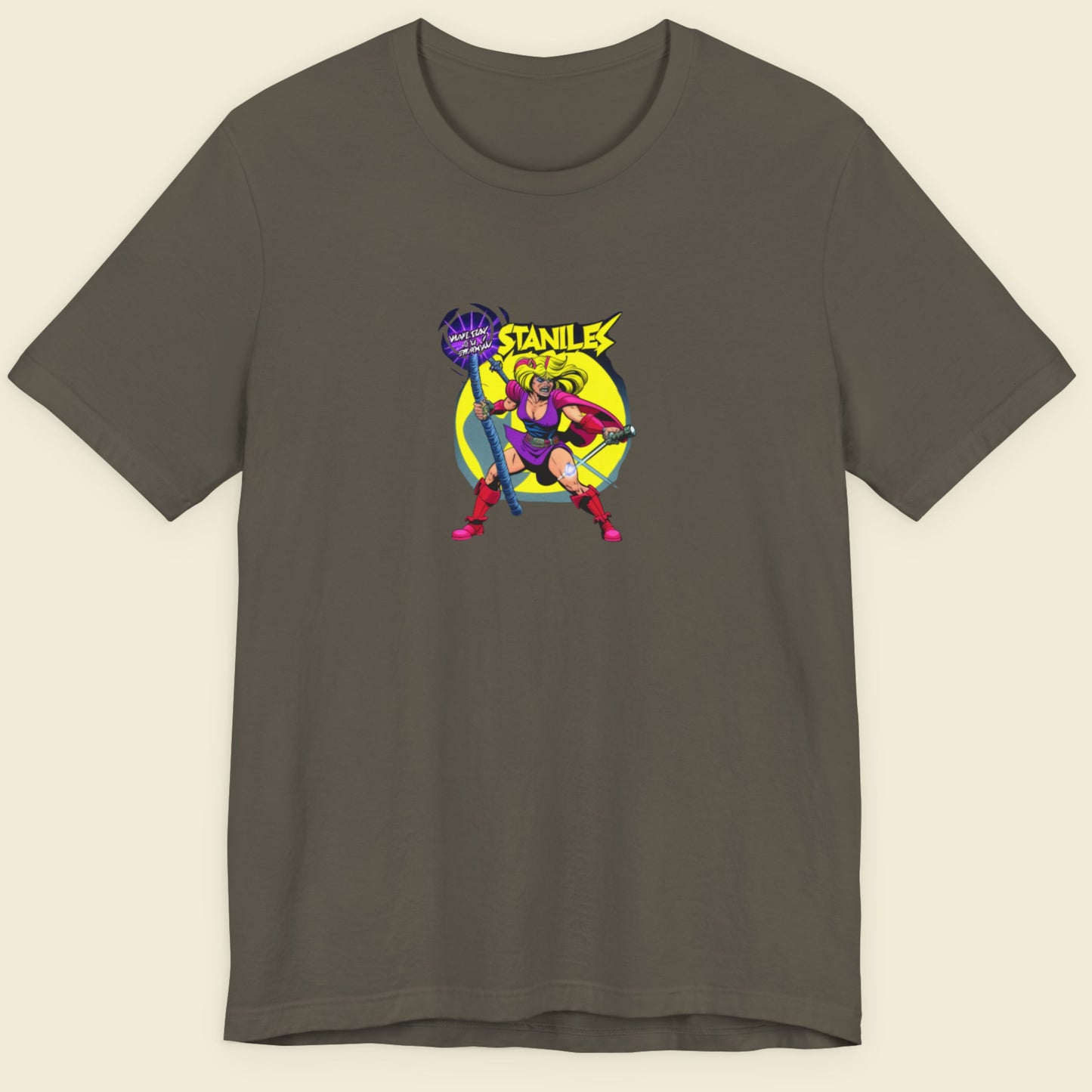 Army green t-shirt with a fun, 80's inspired colorful cartoon illustration on a beige background.