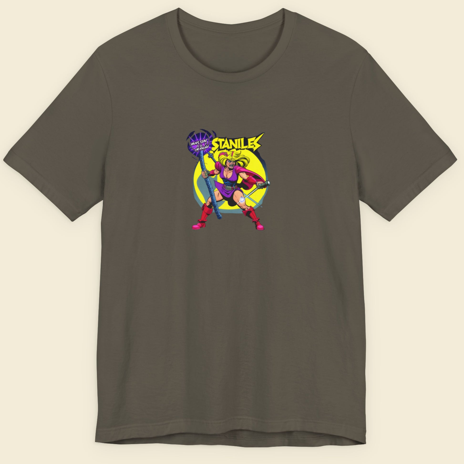 Army green t-shirt with a fun, 80's inspired colorful cartoon illustration on a beige background.