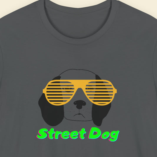 Dark grey t-shirt with a fun, colorful cartoon illustration on a beige background.