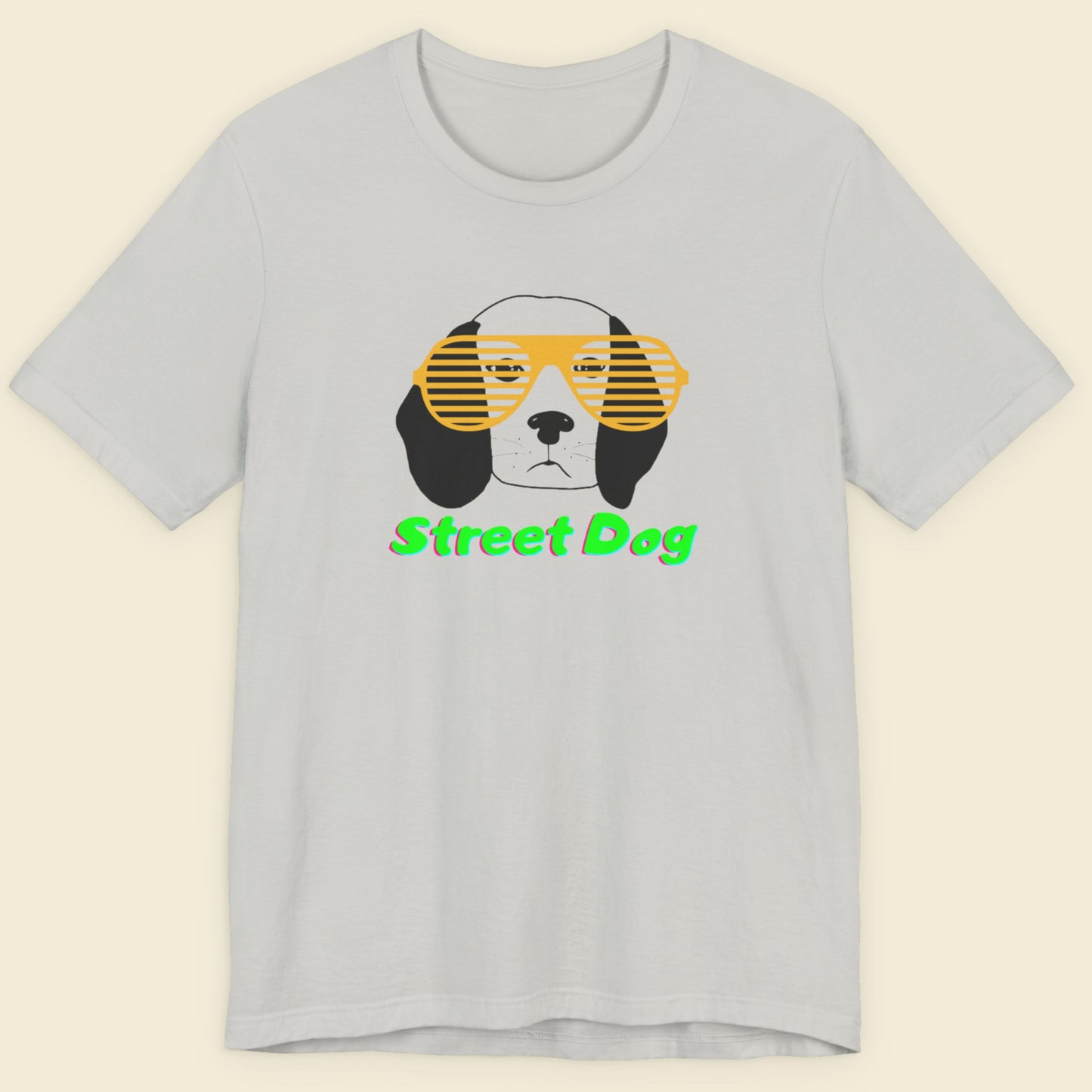 Gray t-shirt with a dog graphic and 'Street Dog' text on a beige background.