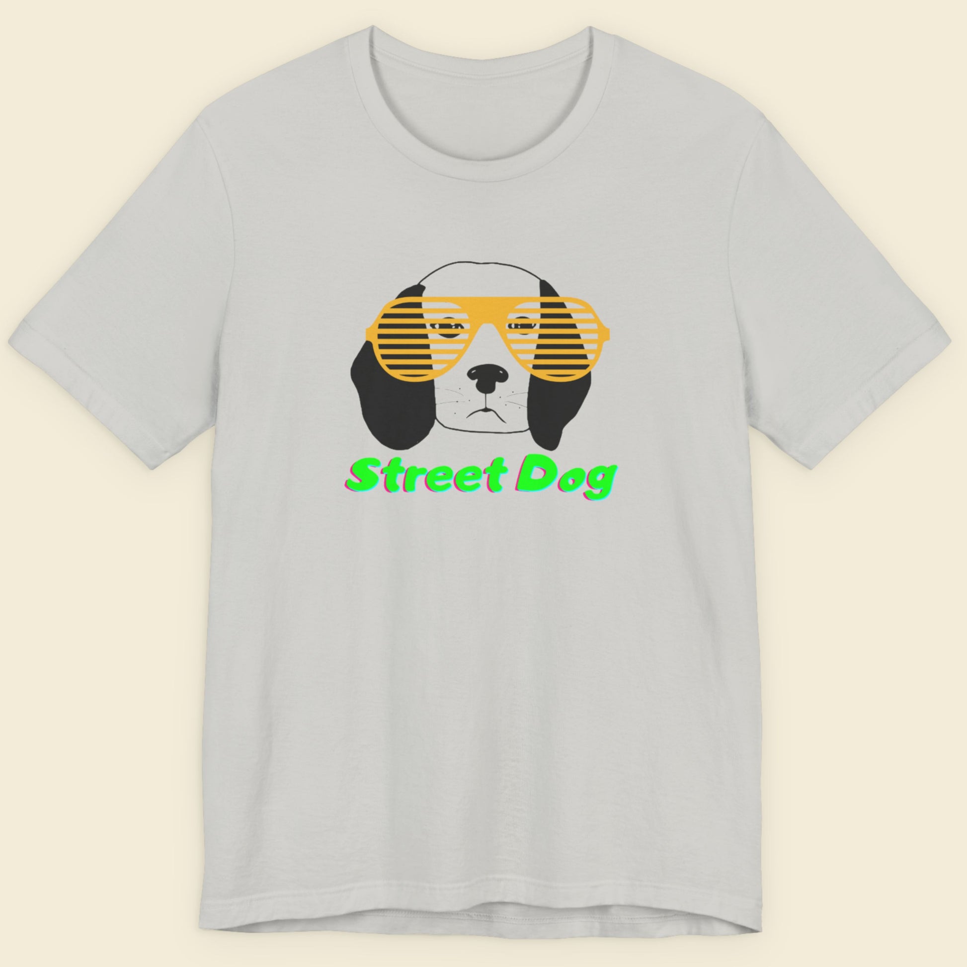 Gray t-shirt with a dog graphic and 'Street Dog' text on a beige background.