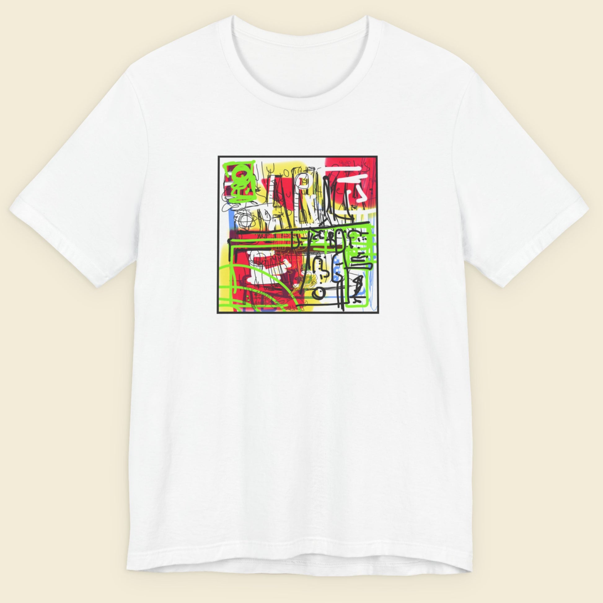White t-shirt with colorful graphic design on a beige background.