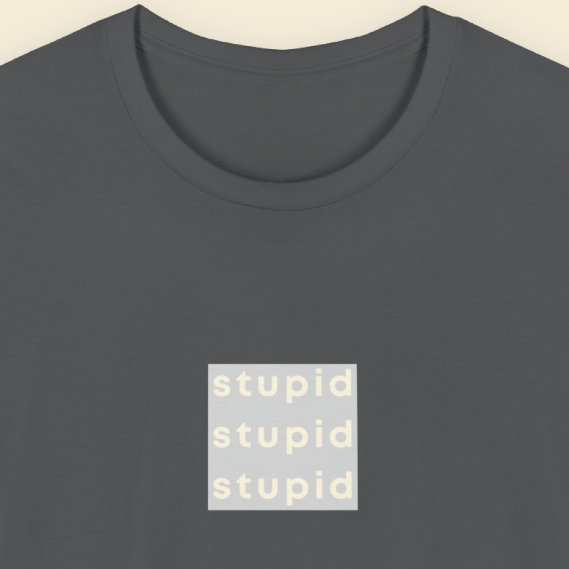 Dark grey t-shirt with humorous colorful text on a beige background.