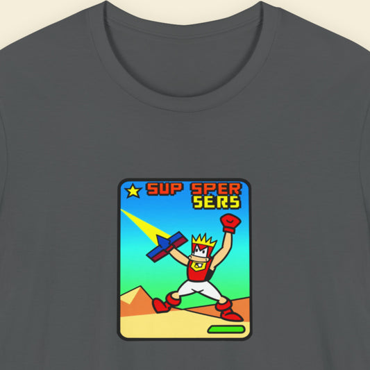 Grey t-shirt with a fun, colorful cartoon illustration on a beige background.