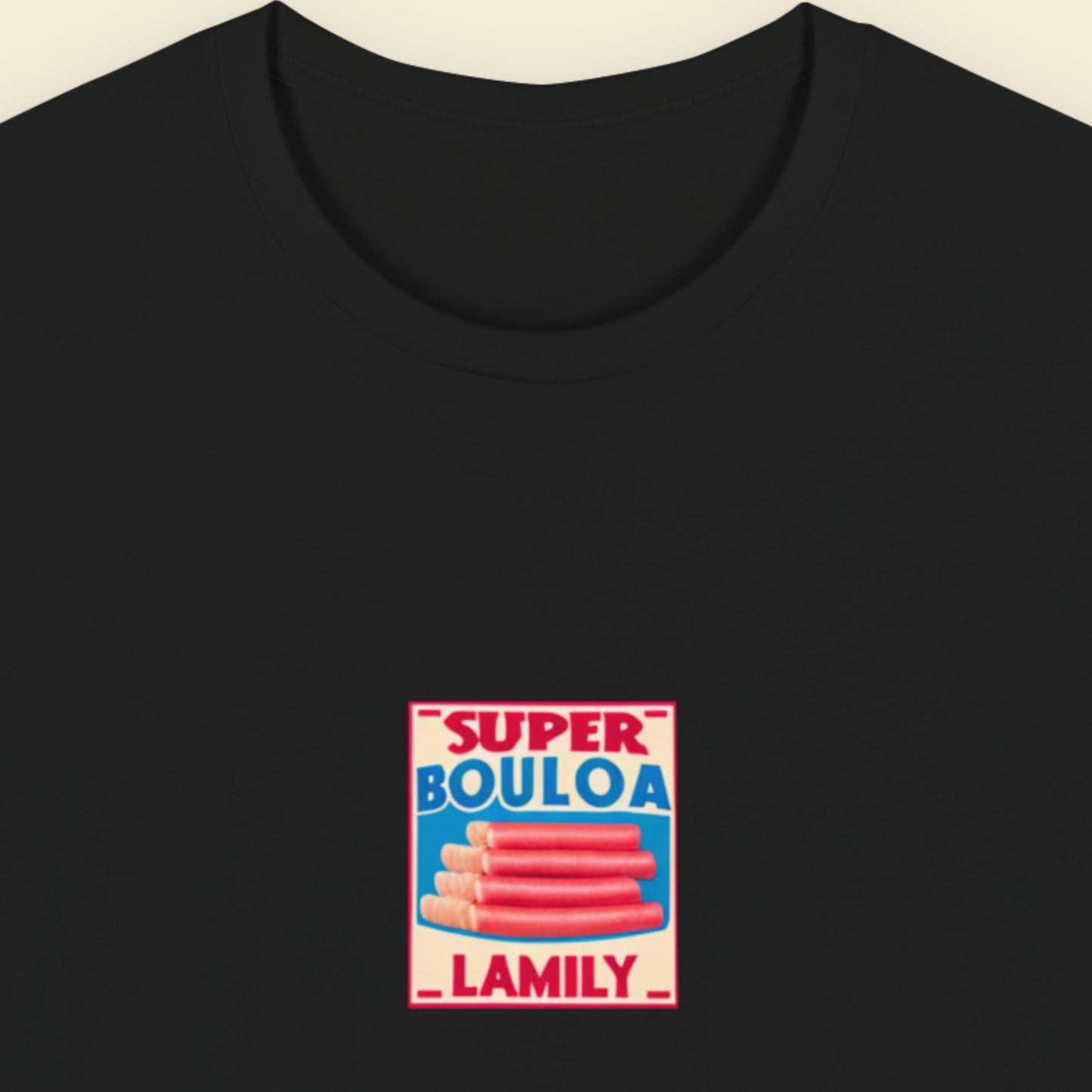 Black shirt with a brand logo for a bologna brand against a beige background.