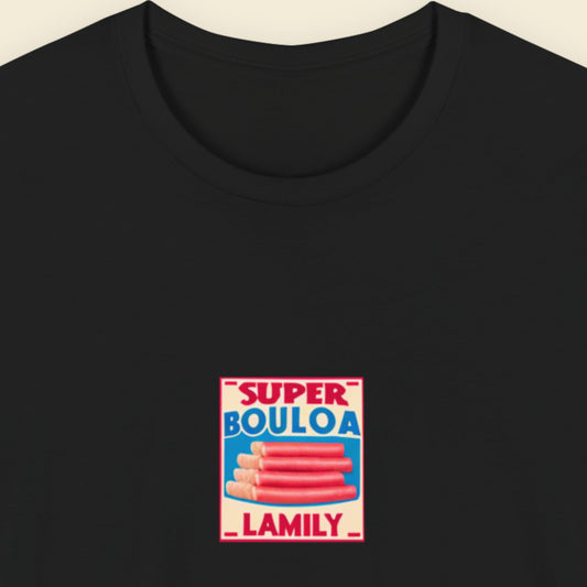 Black shirt with a brand logo for a bologna brand against a beige background.