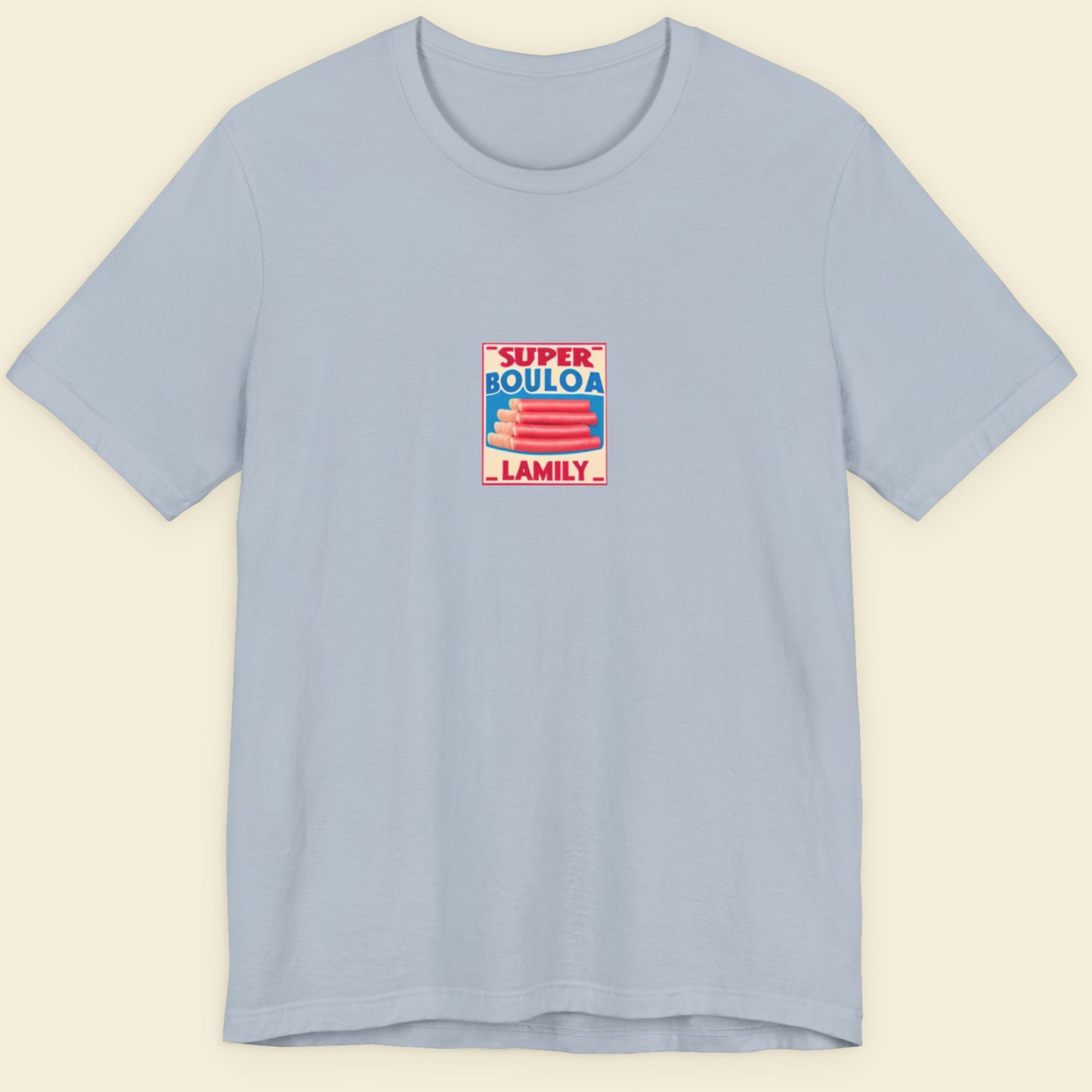 Light blue shirt with a brand logo for a bologna brand against a beige background.