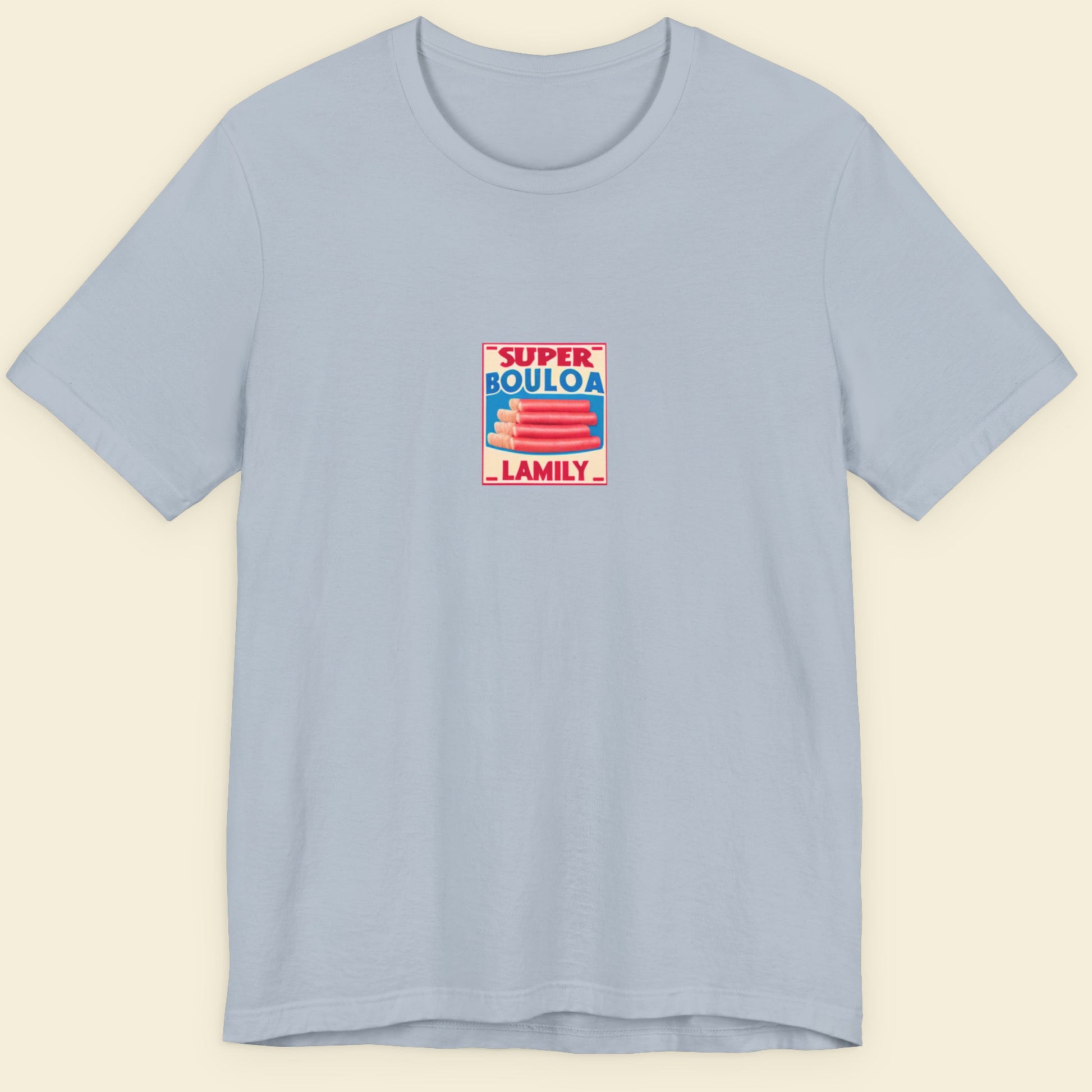 Light blue shirt with a brand logo for a bologna brand against a beige background.
