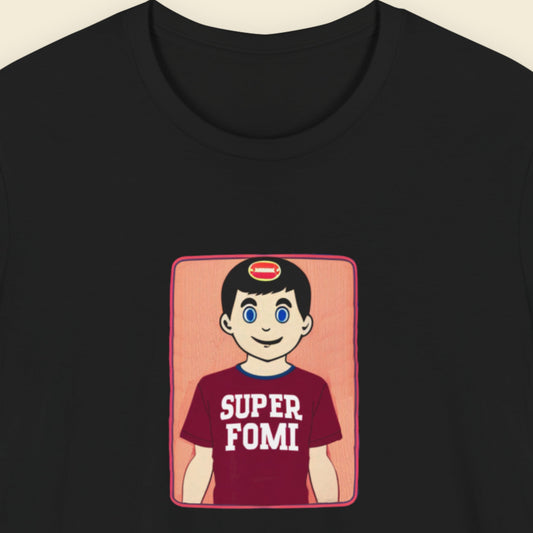Black shirt with a fun, colorful cartoon illustration on a beige background.