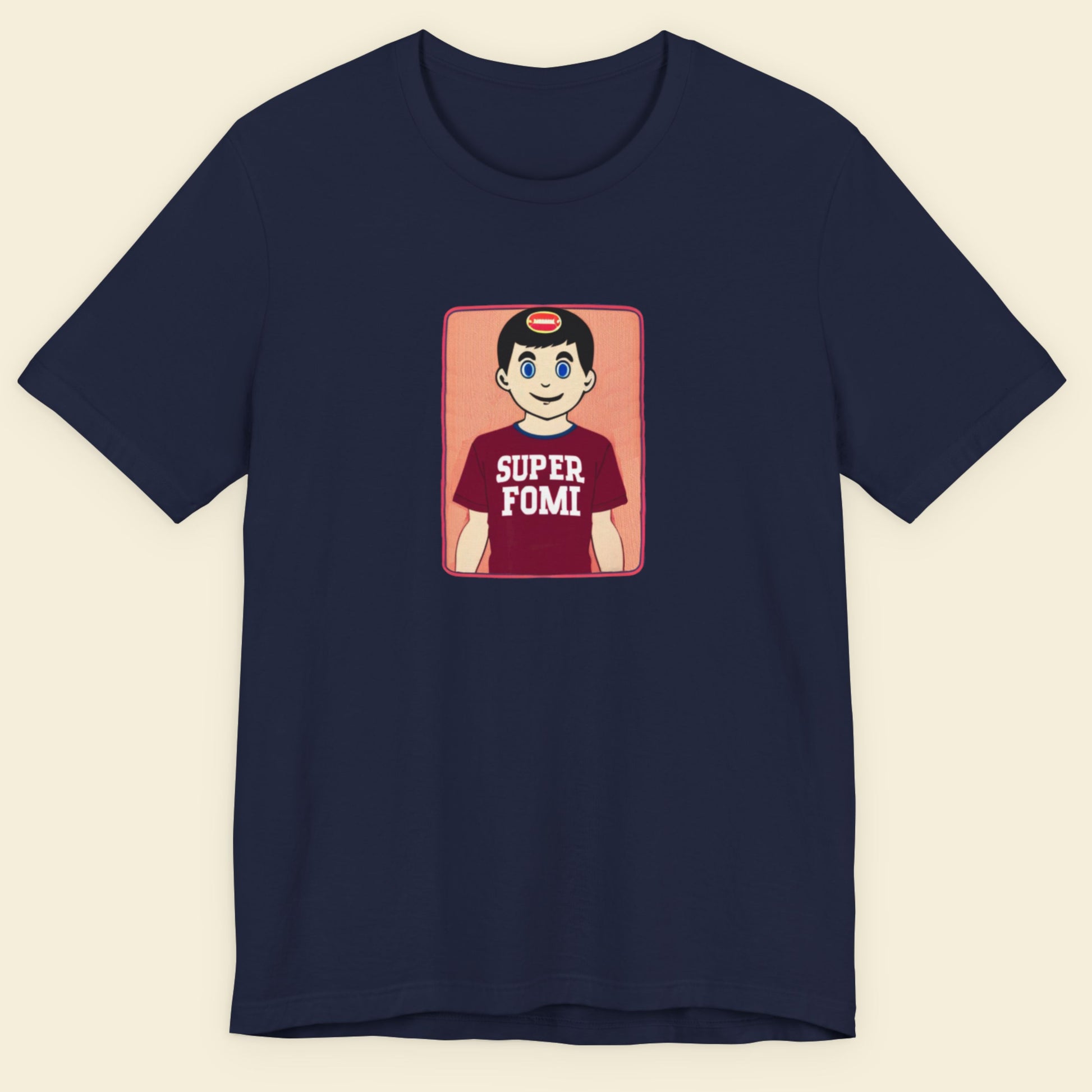 Navy blue shirt with a fun, colorful cartoon illustration on a beige background.