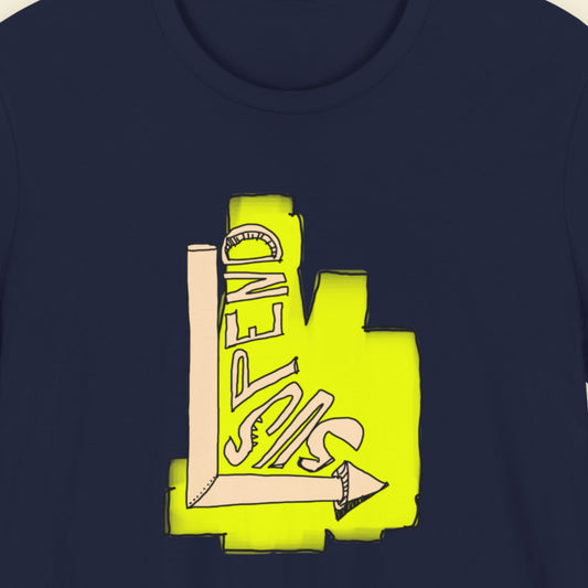 Navy t-shirt with a colorful abstract drawing on a beige background.