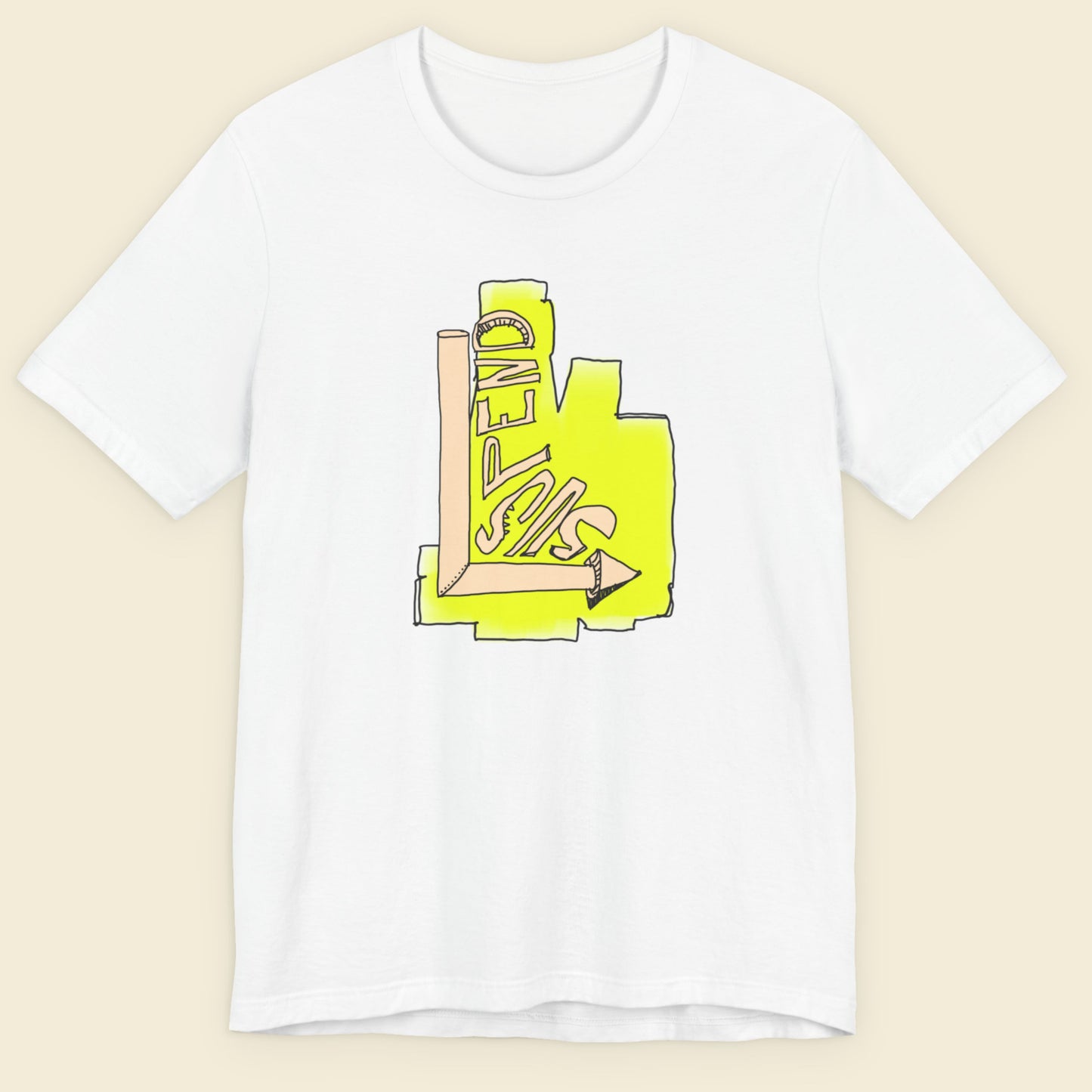 White t-shirt with a colorful abstract drawing on a beige background.