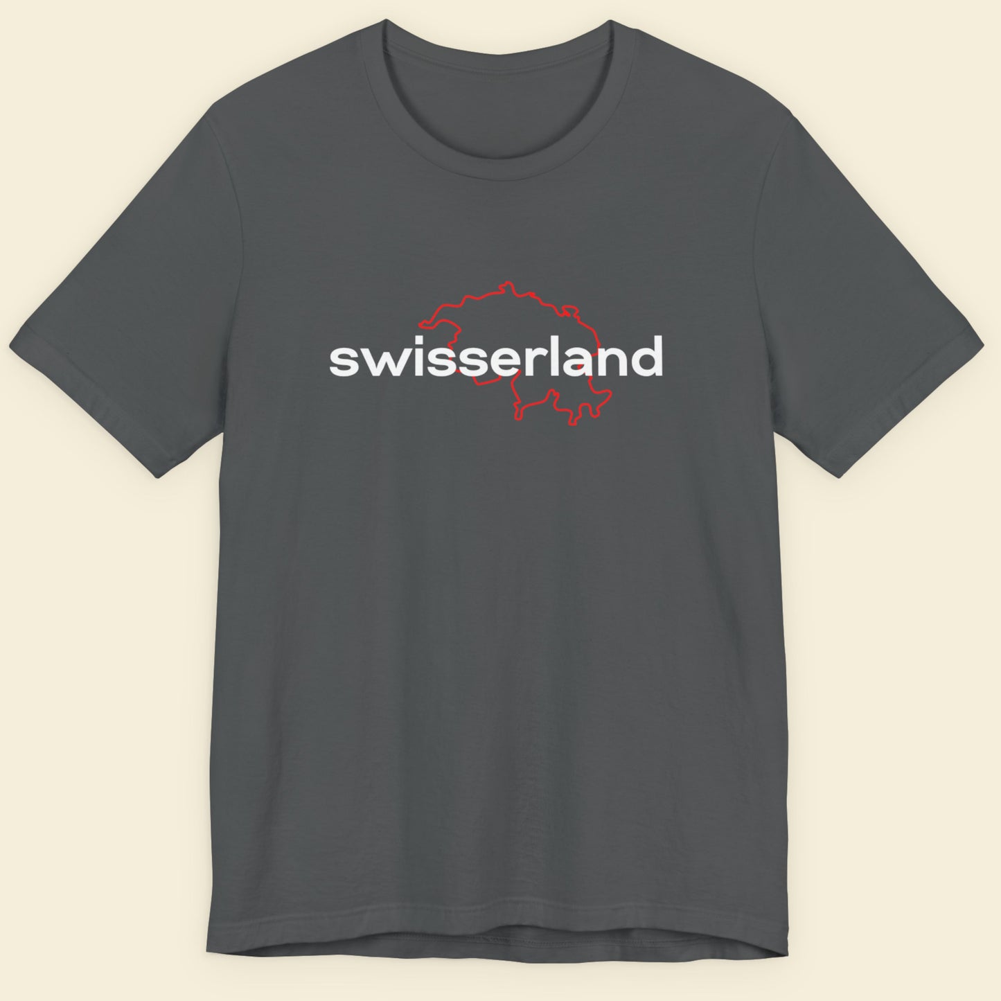 Gray t-shirt with 'swisserland' text and red outline on a beige background.